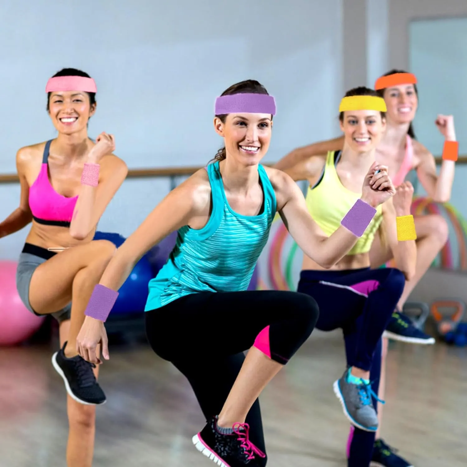 24 Pcs Neon Sweatbands Set Include 8 Pcs Sports Headband and 16 Pcs Cotton Wristbands 80s Neon Sweat Bands Bulk for Gym, Tennis, Basketball, Running, Exercise