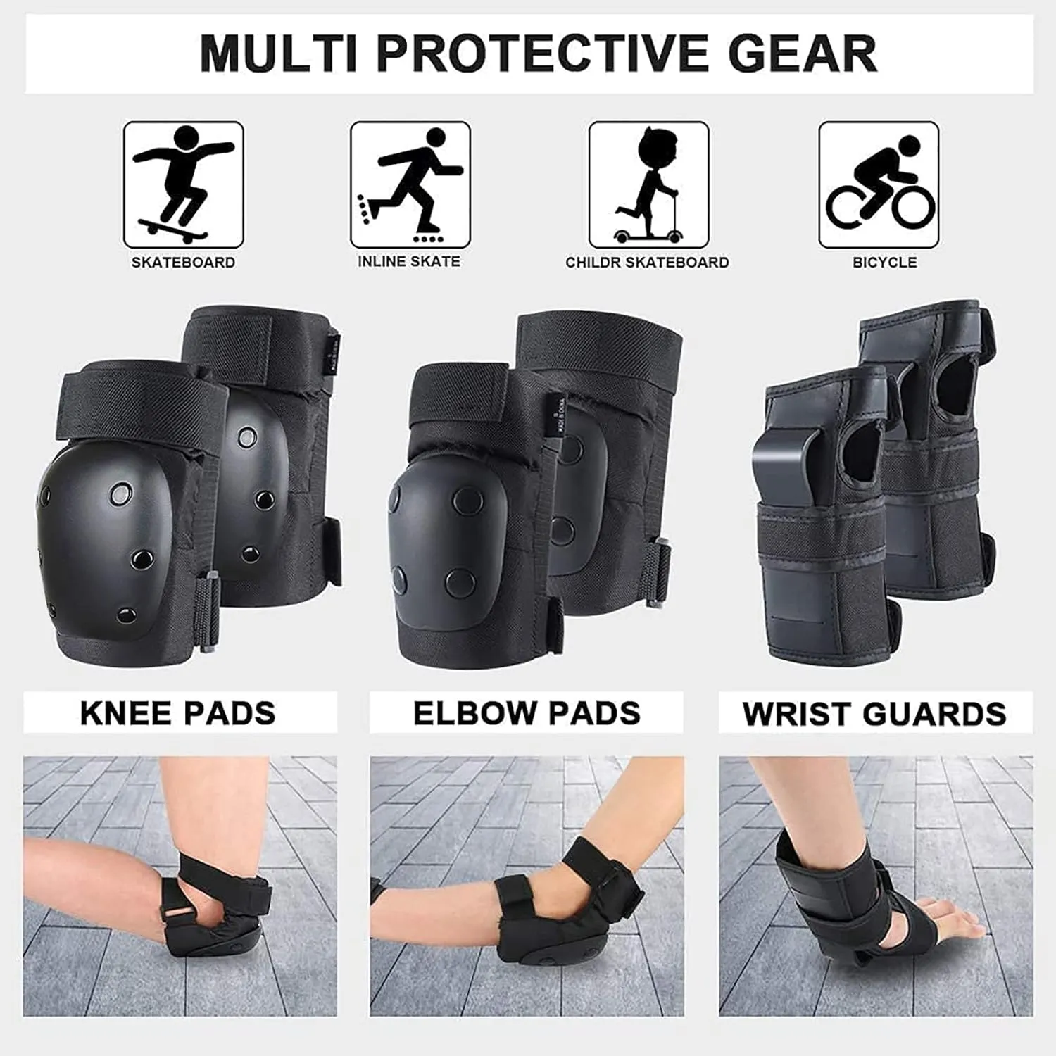 Adult/Kids Knee Pads Elbow Pads Wrist Guards Set for 3-8 Years, Child Protective Gear Set for Roller Skates, Cycling, BMX Bike, Skateboard, Inline Skating, Scooter Riding Sports Black S