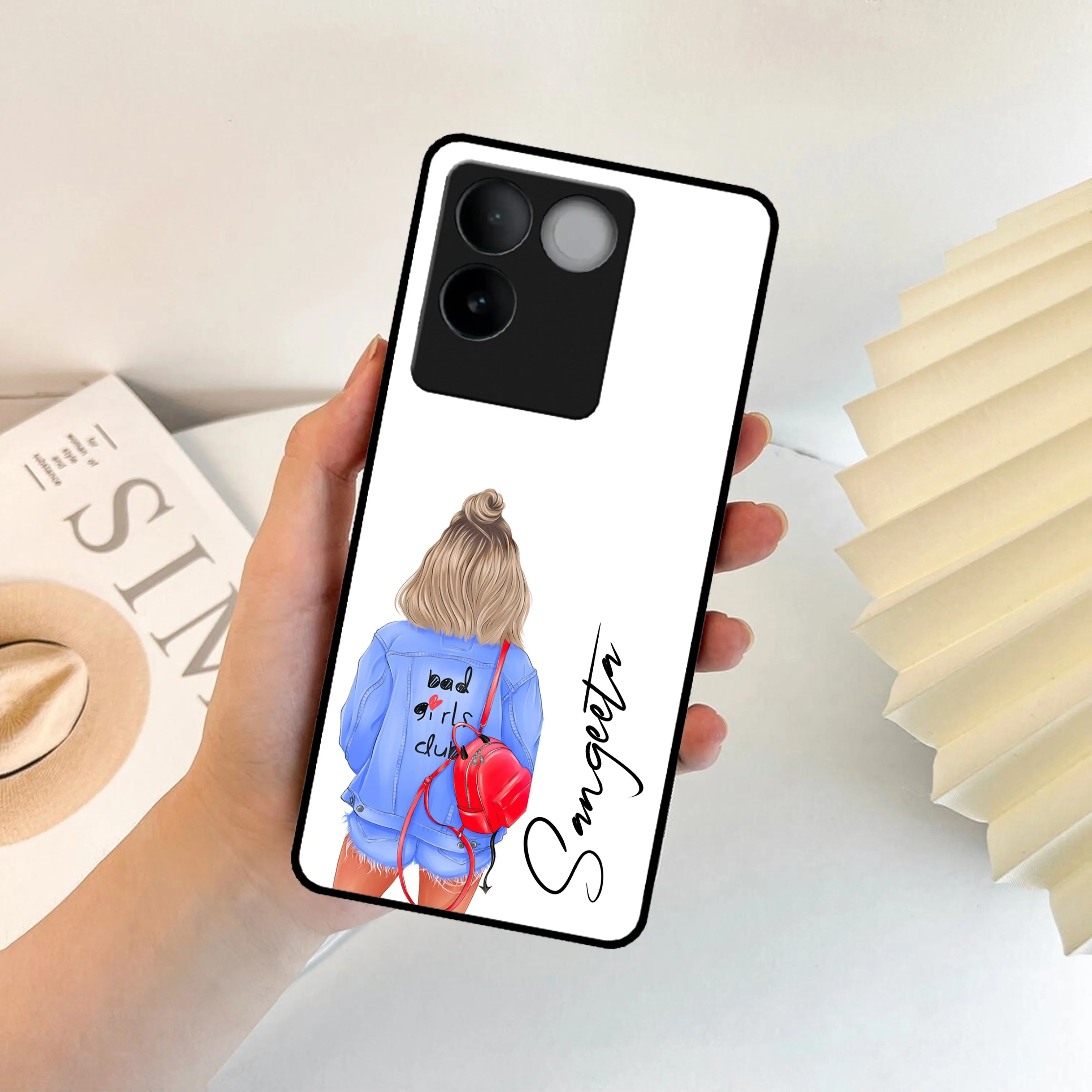 Bag Girl Customize Name Glass Case For Vivo
