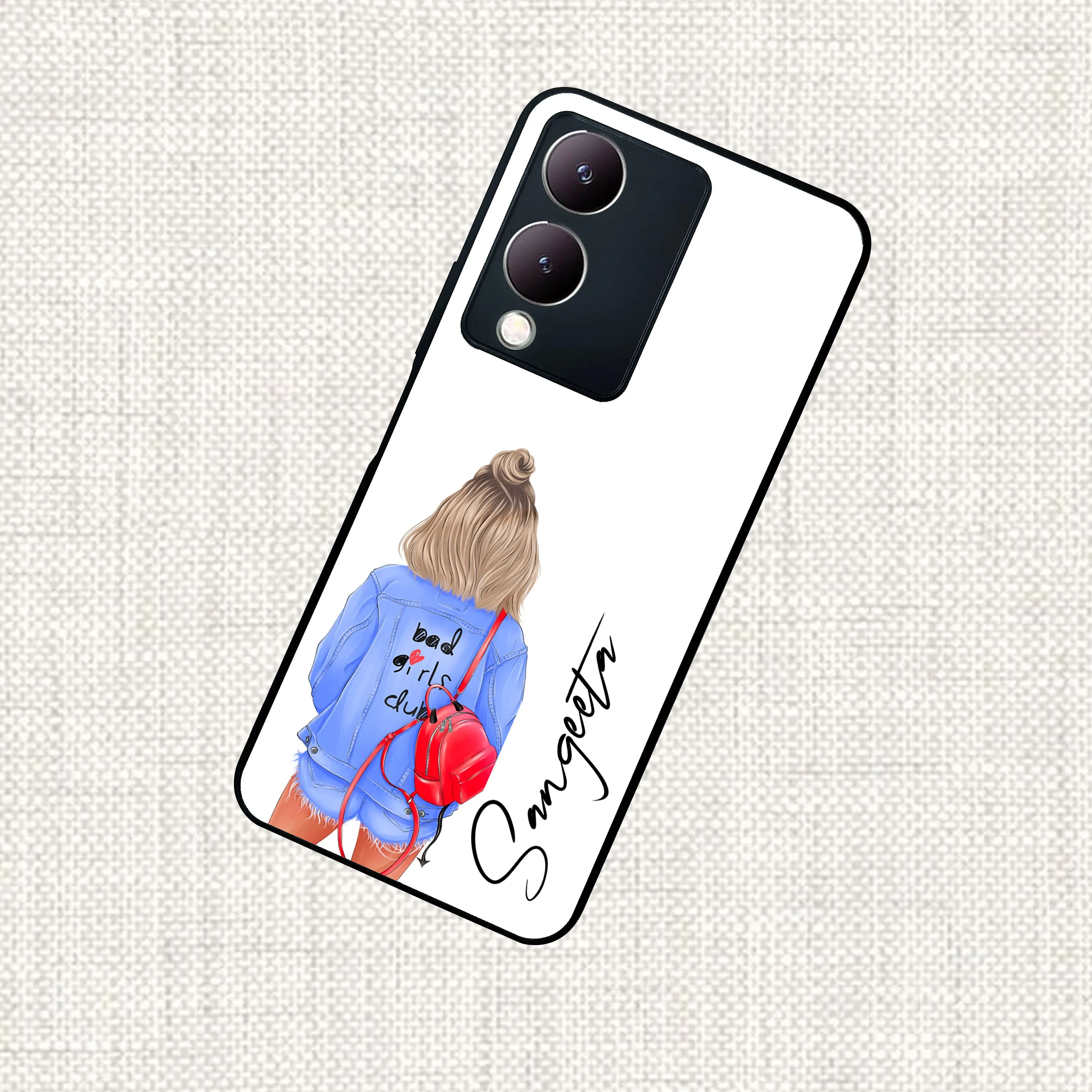 Bag Girl Customize Name Glass Case For Vivo