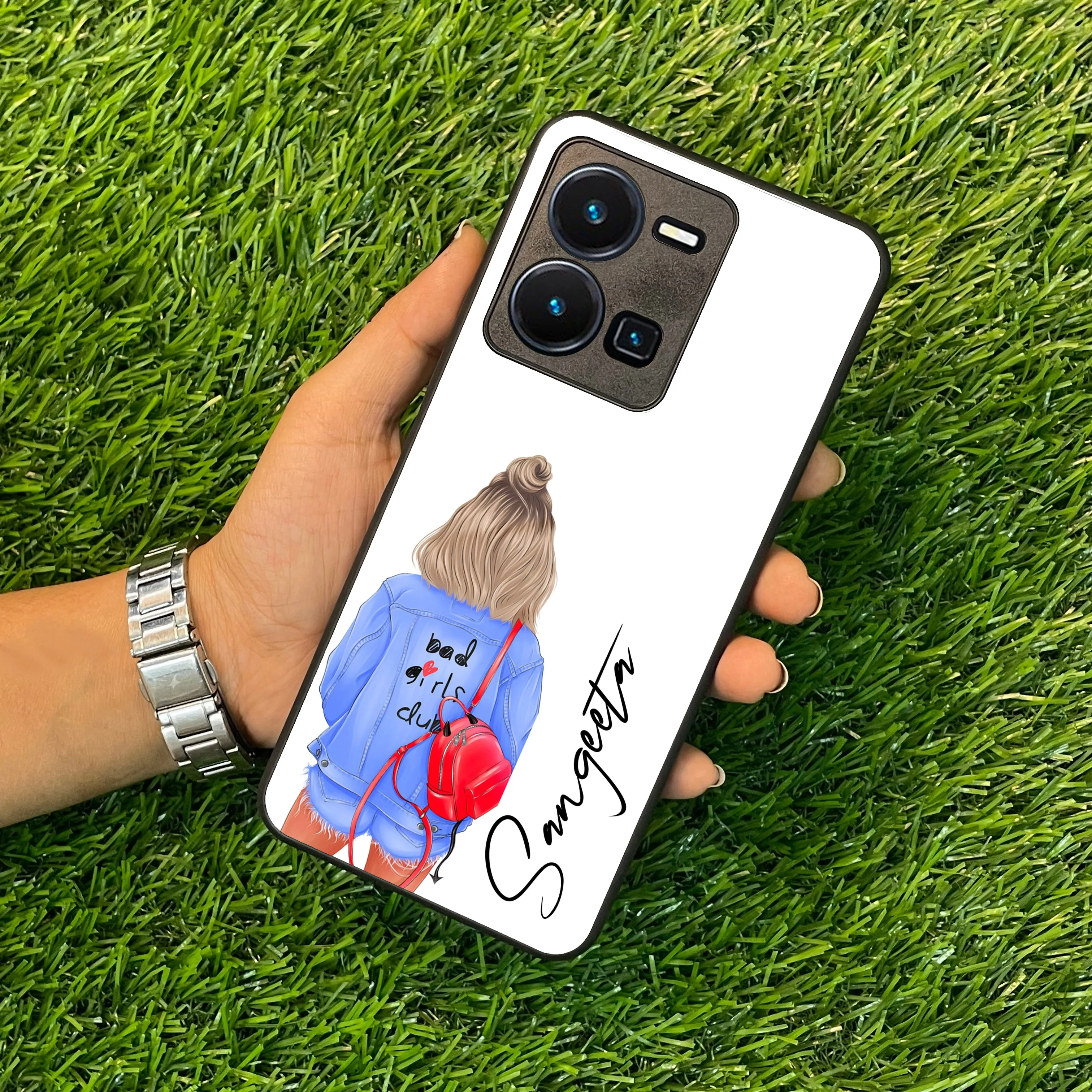 Bag Girl Customize Name Glass Case For Vivo
