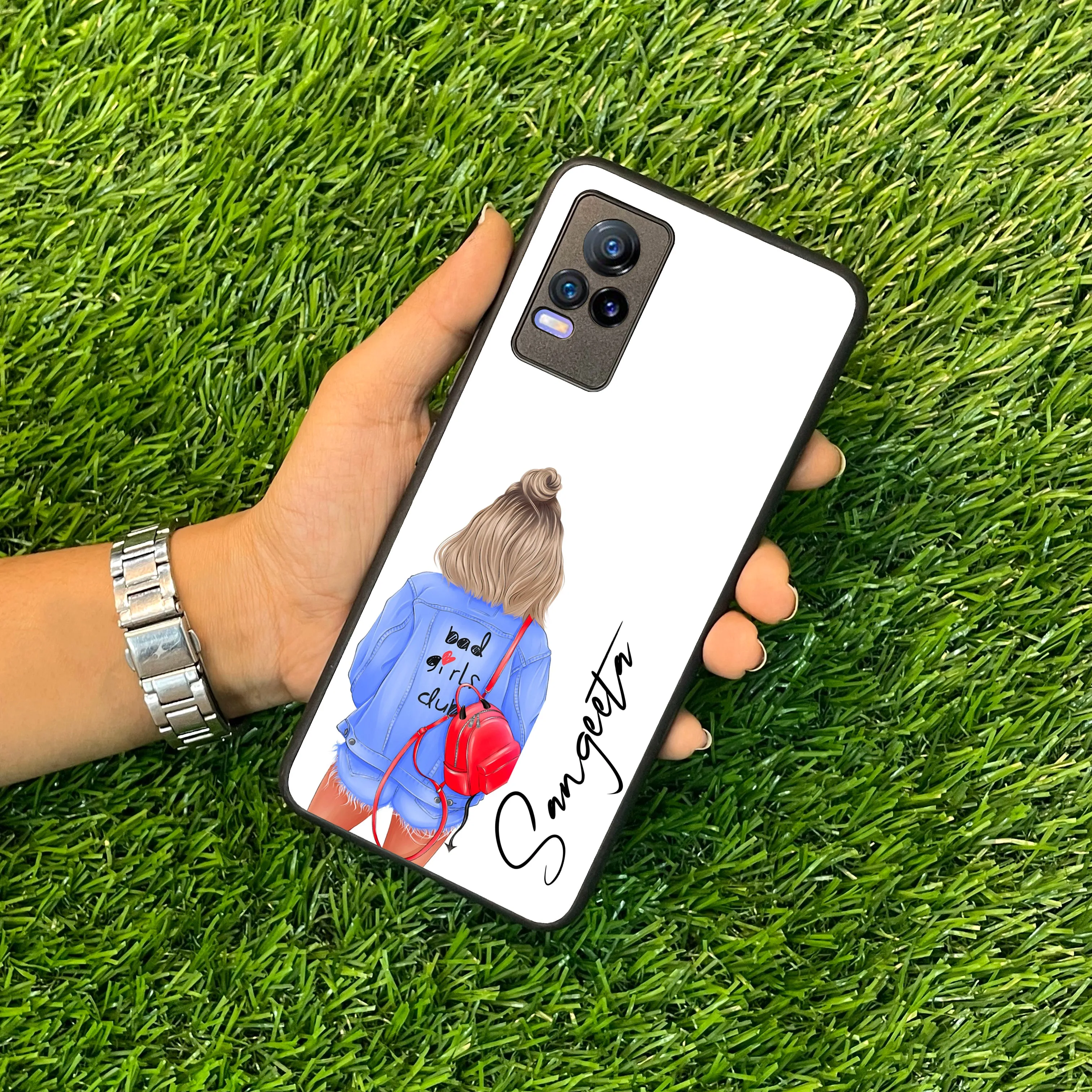 Bag Girl Customize Name Glass Case For Vivo
