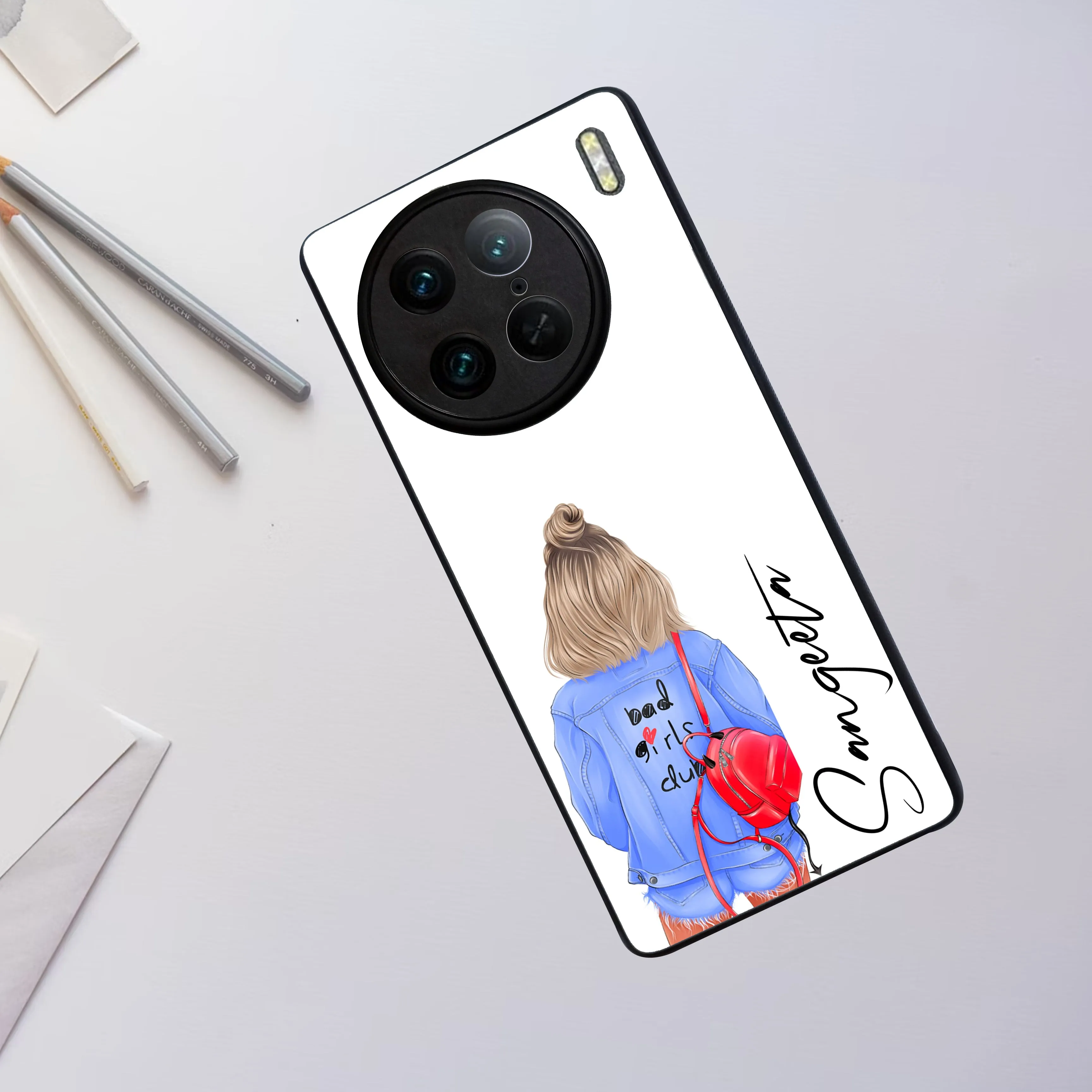 Bag Girl Customize Name Glass Case For Vivo