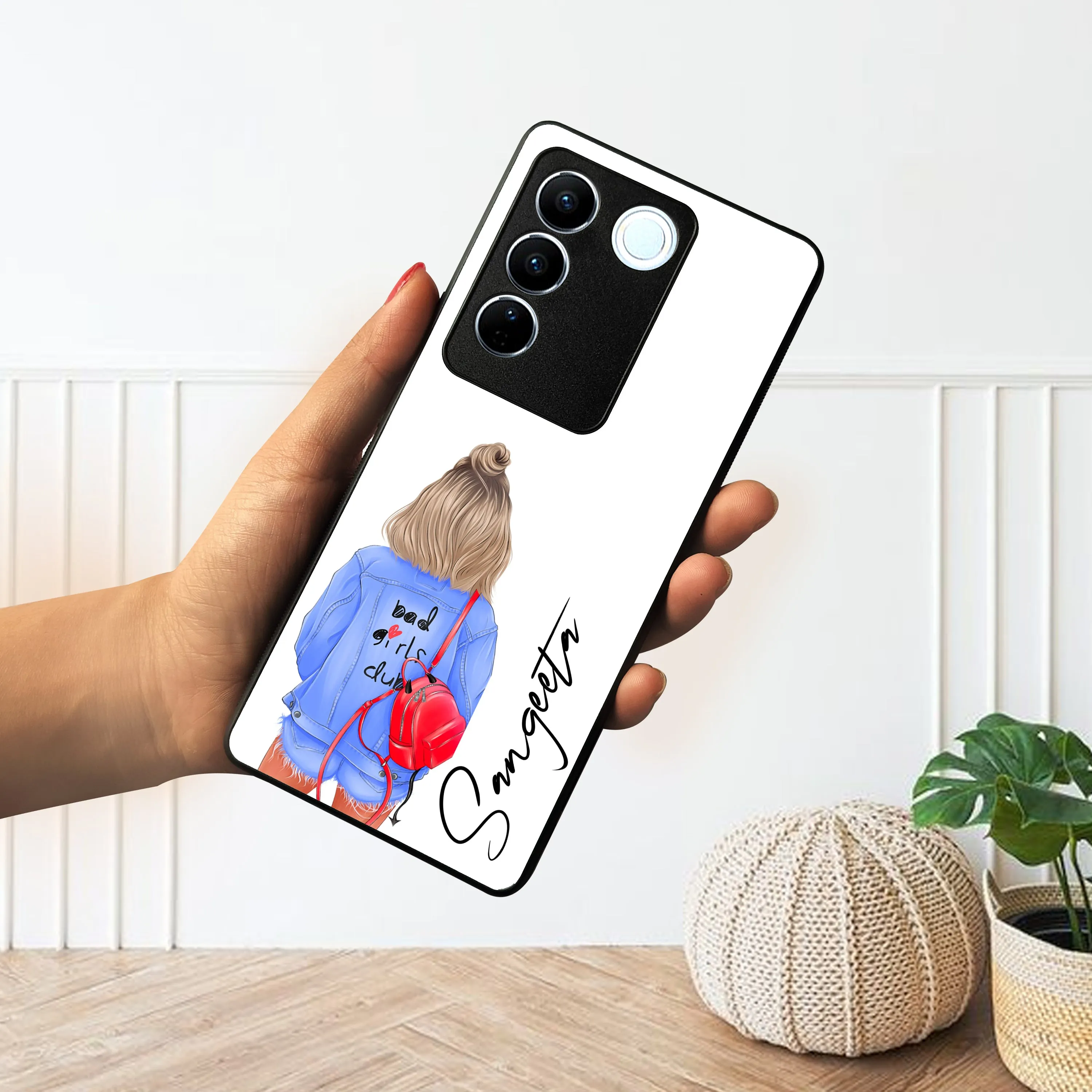 Bag Girl Customize Name Glass Case For Vivo