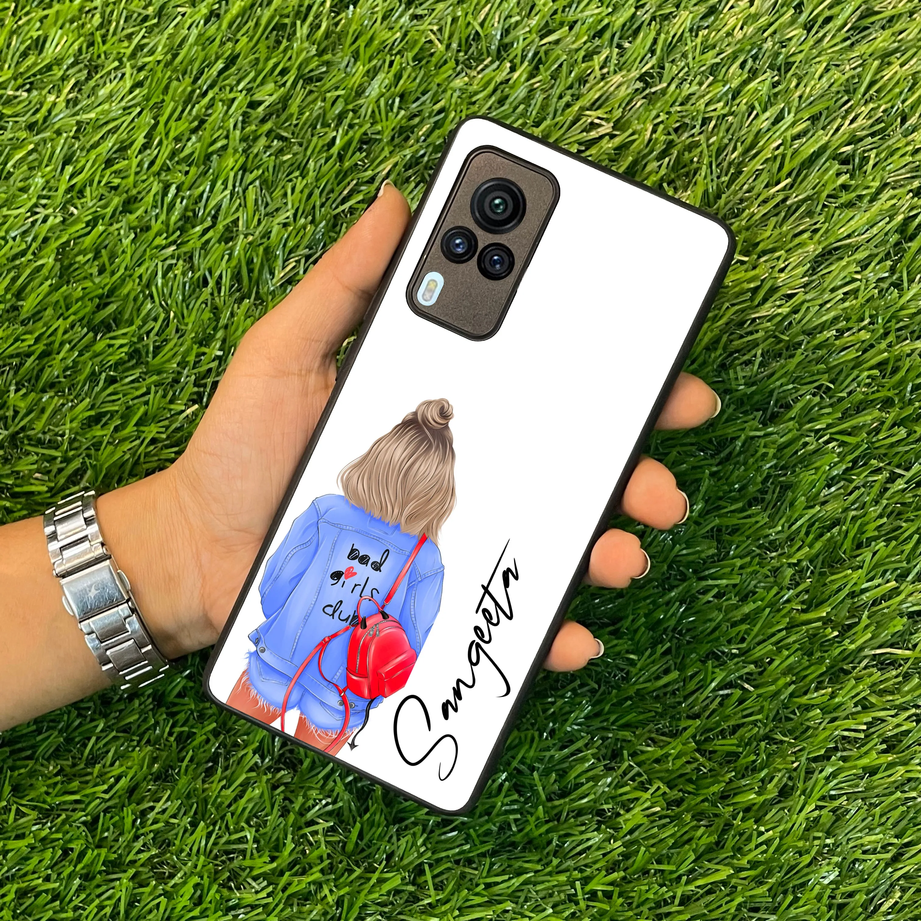 Bag Girl Customize Name Glass Case For Vivo