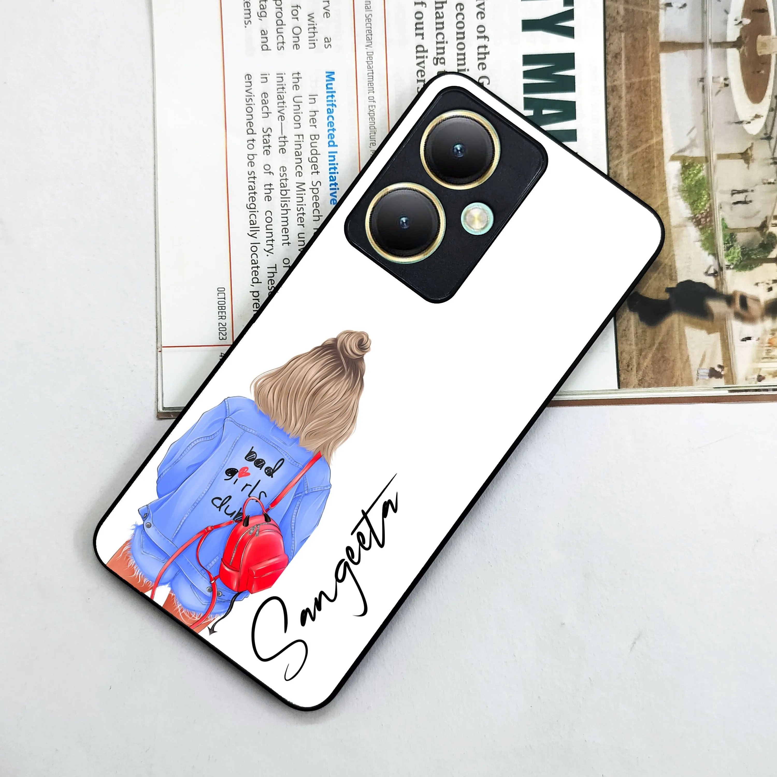 Bag Girl Customize Name Glass Case For Vivo