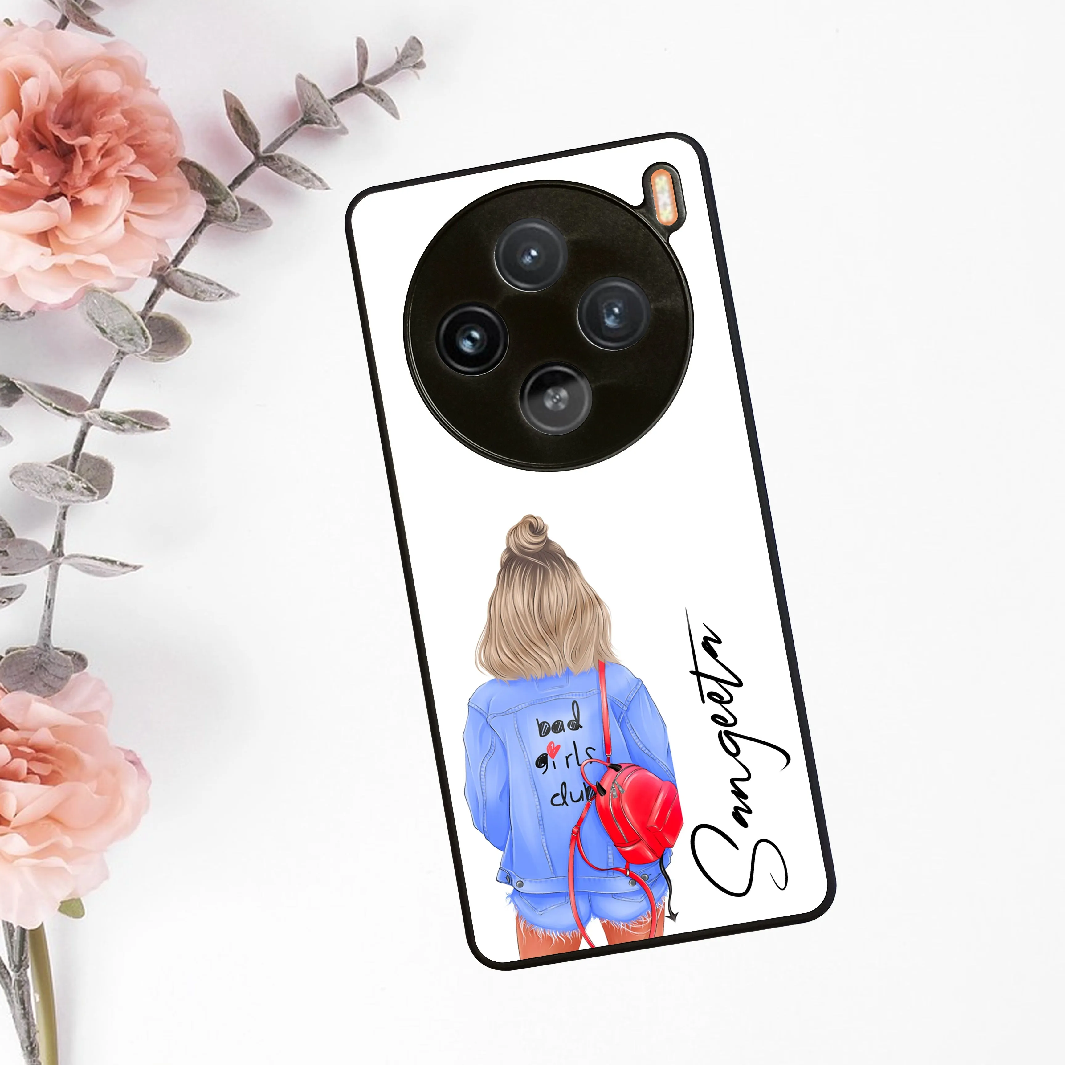 Bag Girl Customize Name Glass Case For Vivo