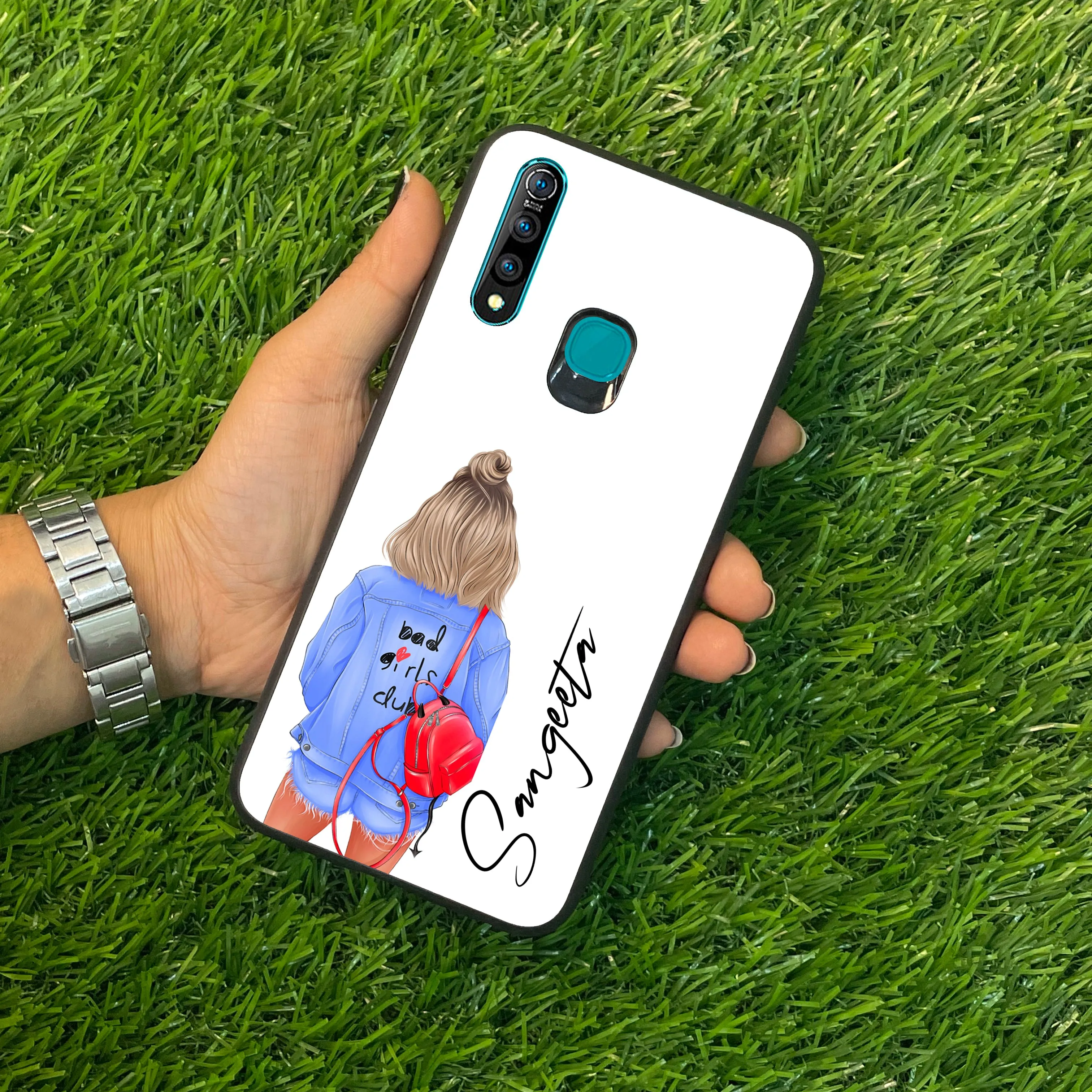 Bag Girl Customize Name Glass Case For Vivo