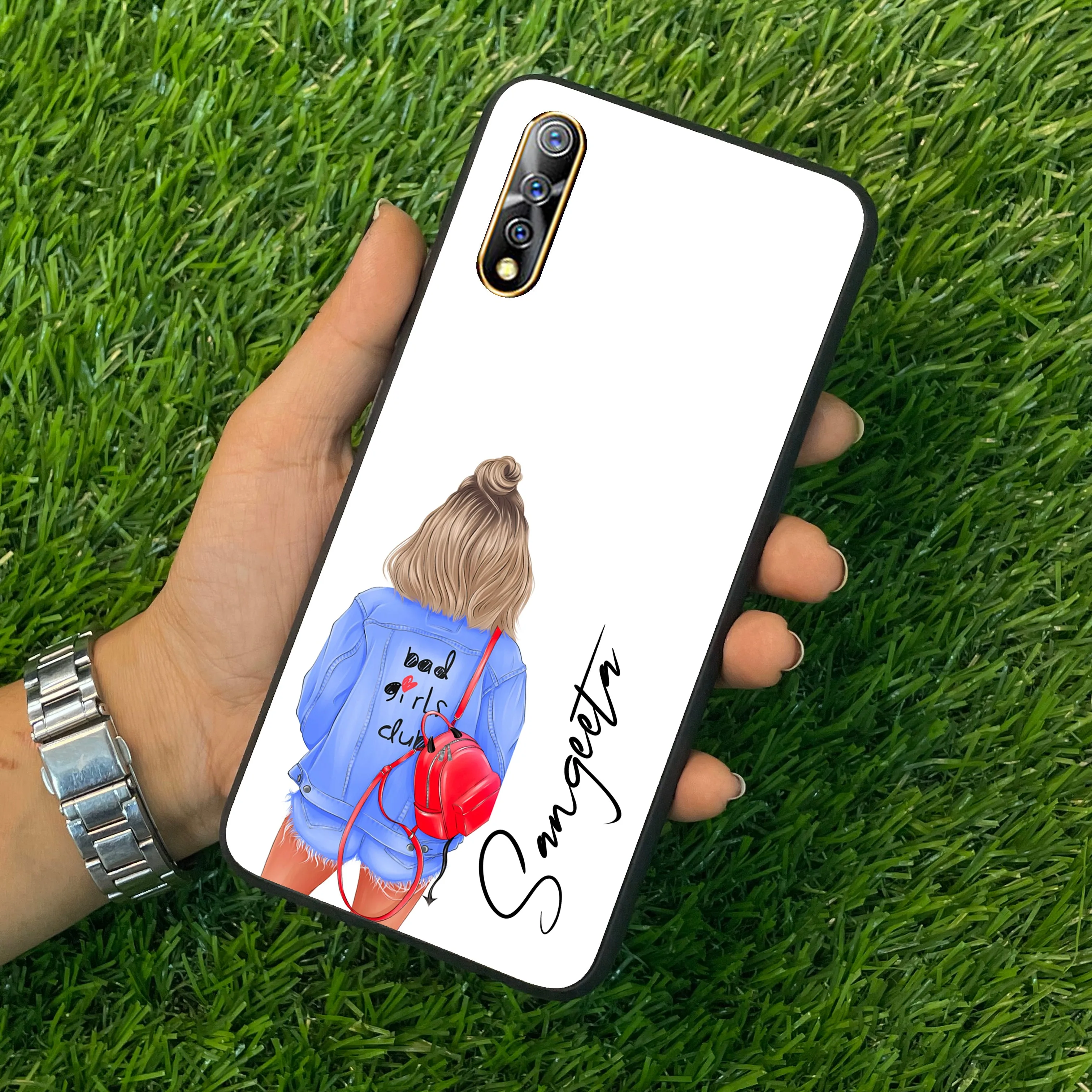 Bag Girl Customize Name Glass Case For Vivo