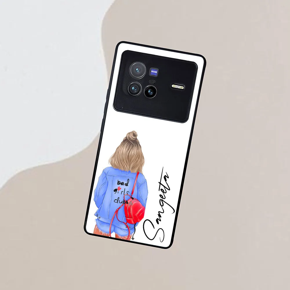 Bag Girl Customize Name Glass Case For Vivo