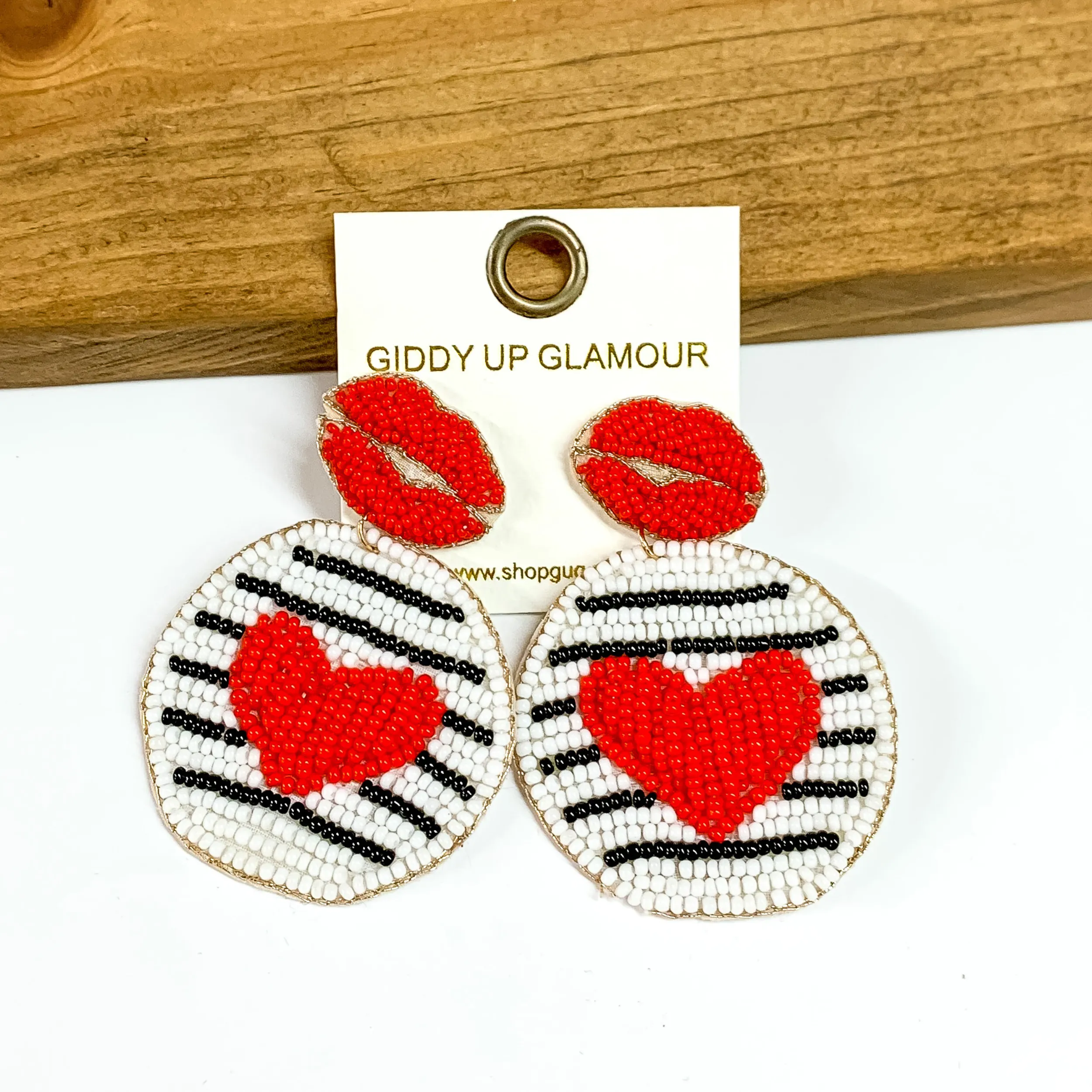 Beaded Lip Post Back Earrings with Circle Drop and Heart in Red