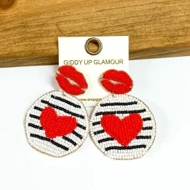 Beaded Lip Post Back Earrings with Circle Drop and Heart in Red