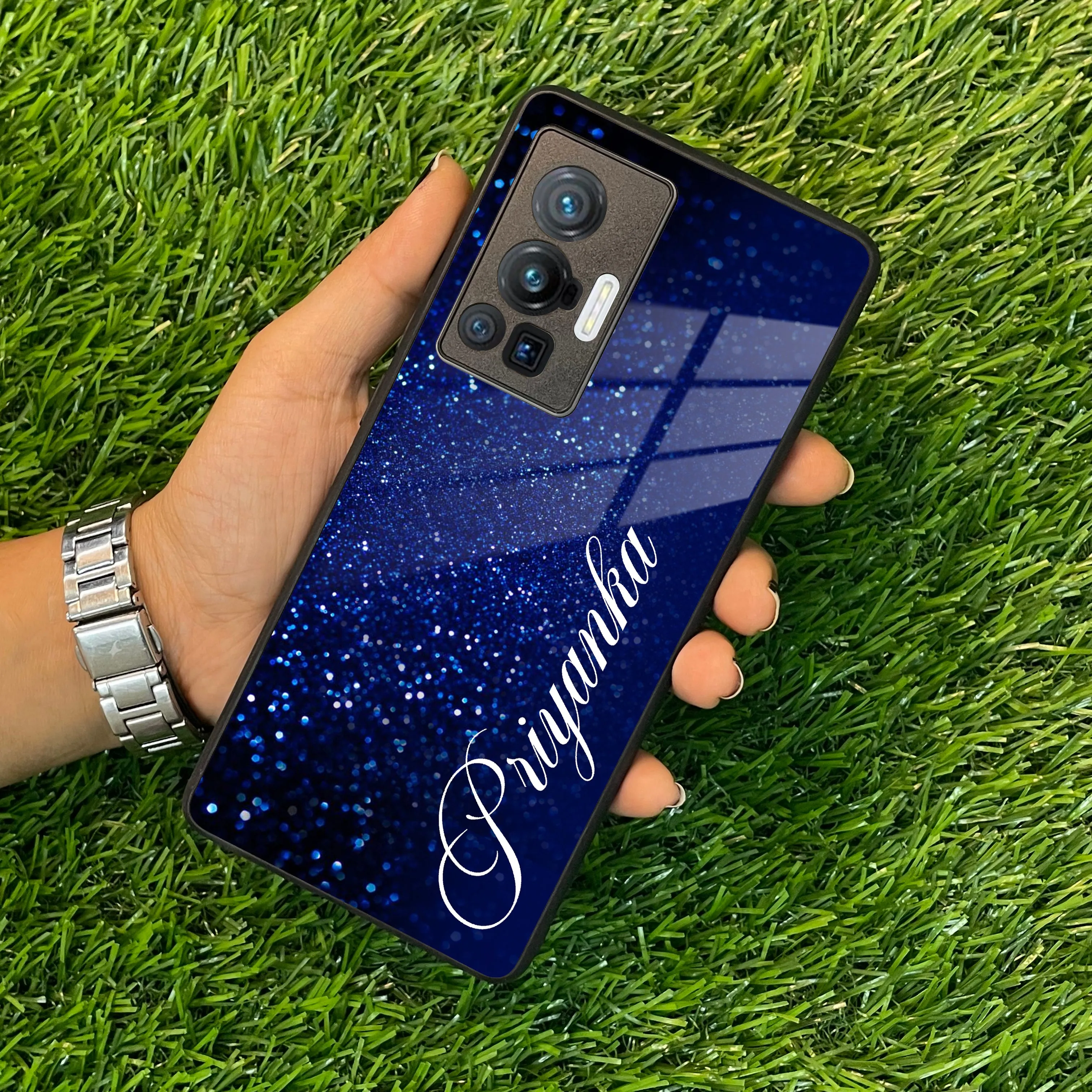 Blue Glitter Customize Glass Case Cover For Vivo