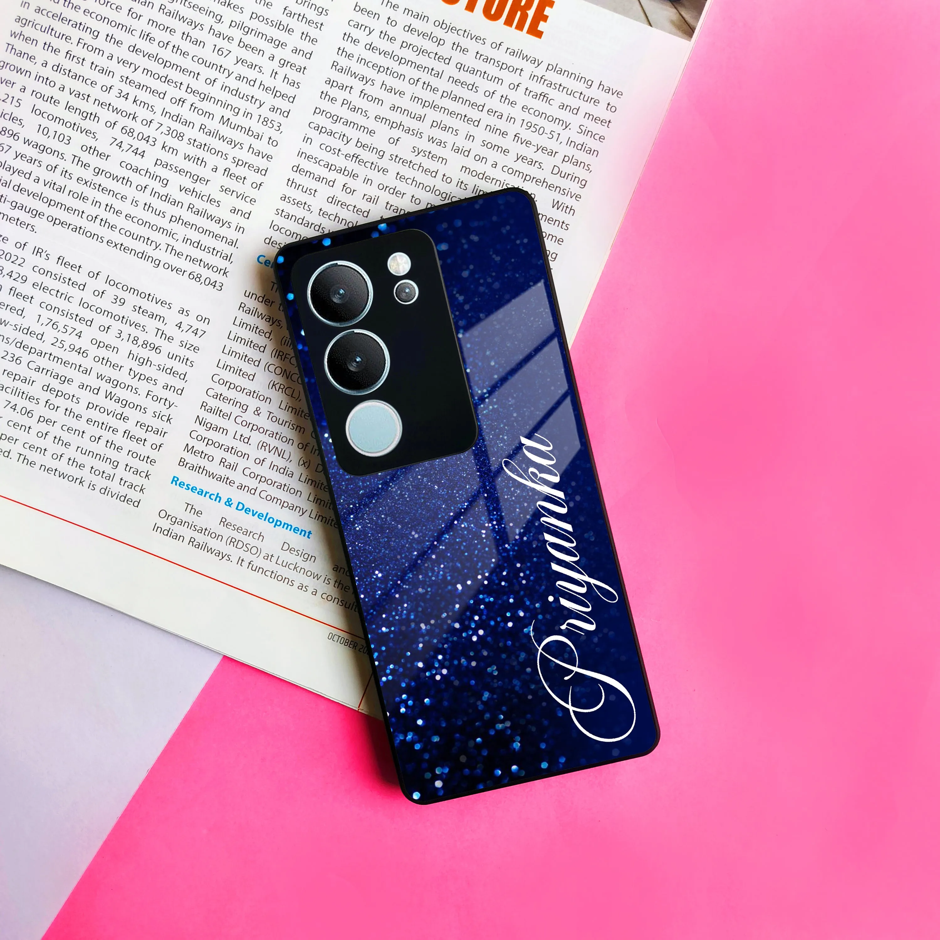 Blue Glitter Customize Glass Case Cover For Vivo