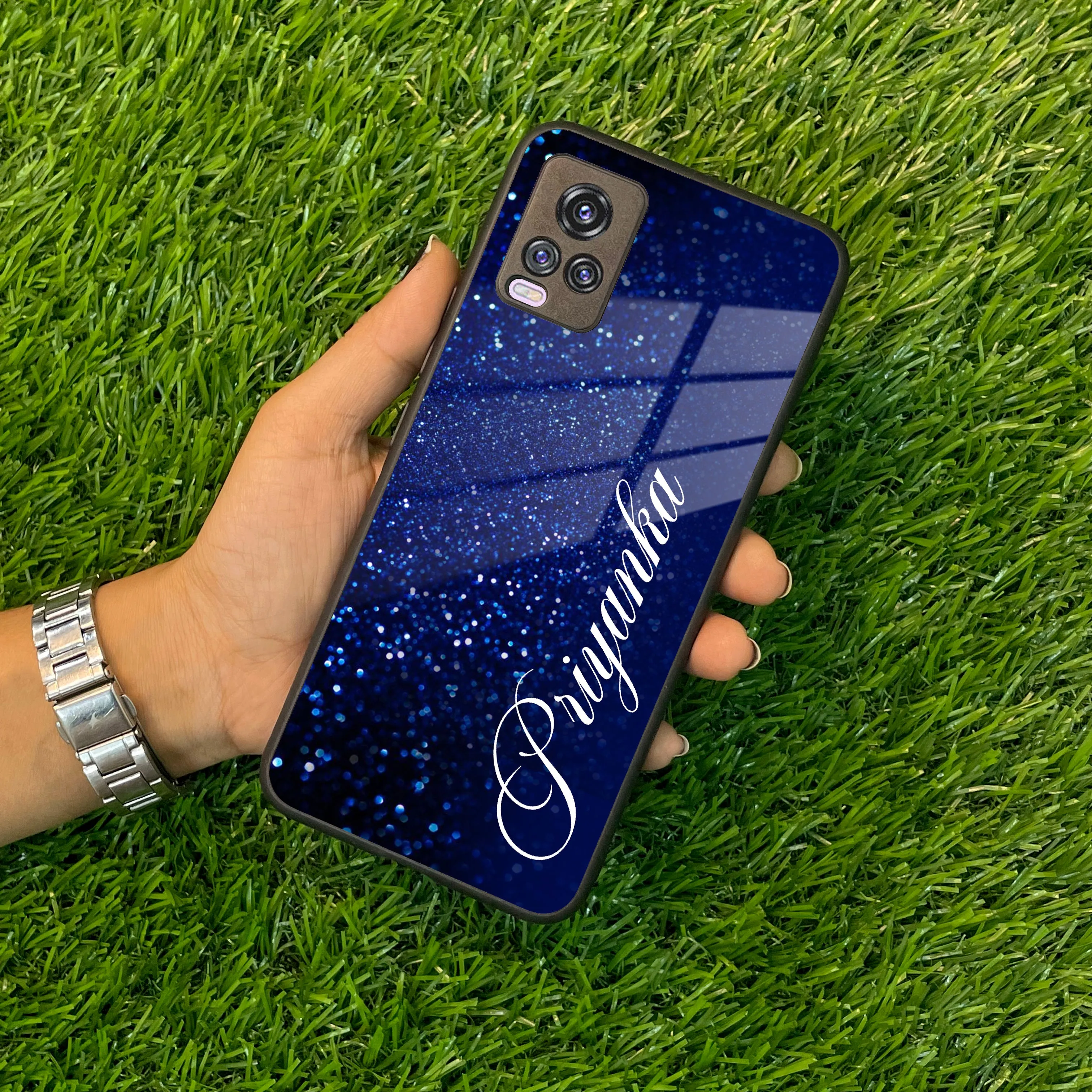 Blue Glitter Customize Glass Case Cover For Vivo