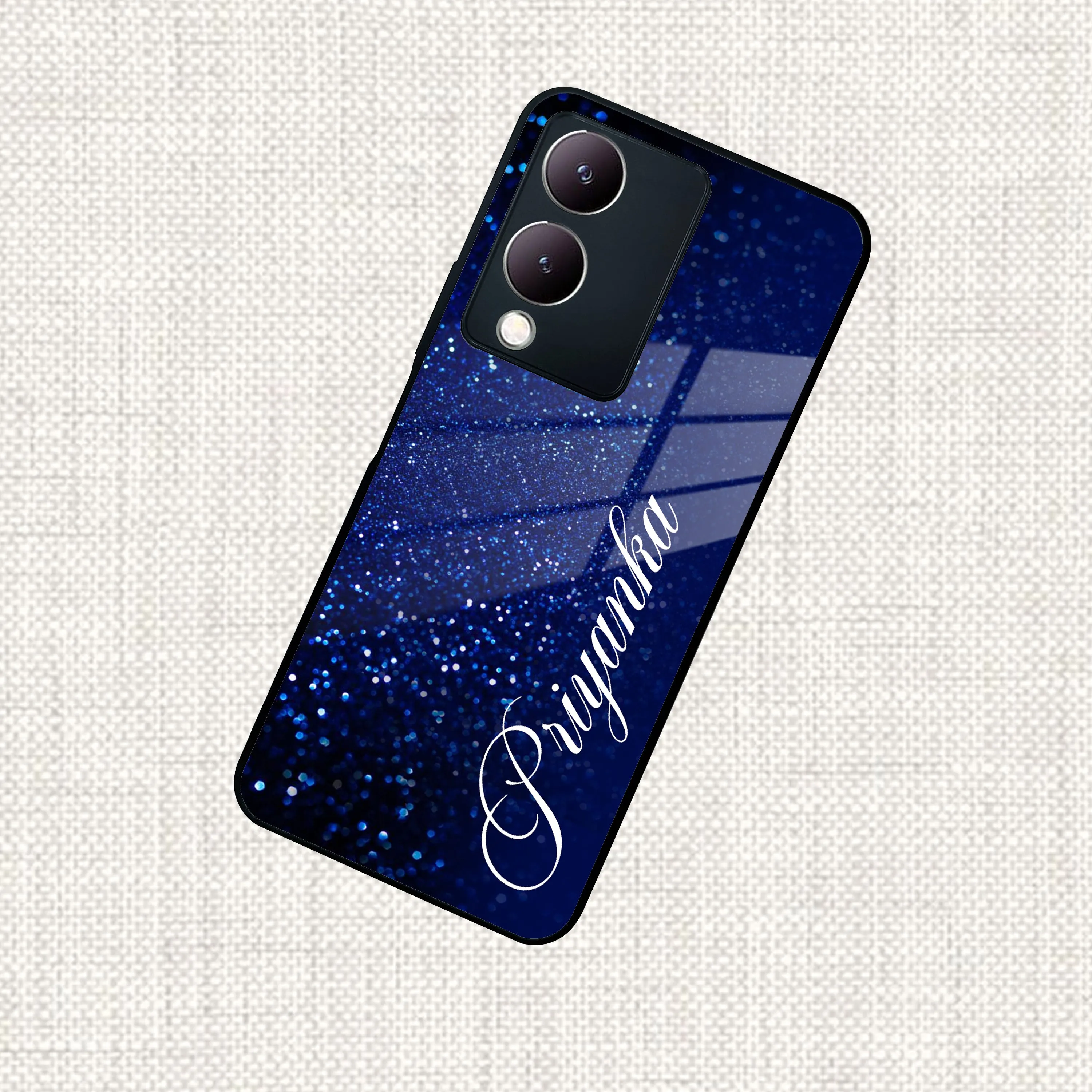 Blue Glitter Customize Glass Case Cover For Vivo