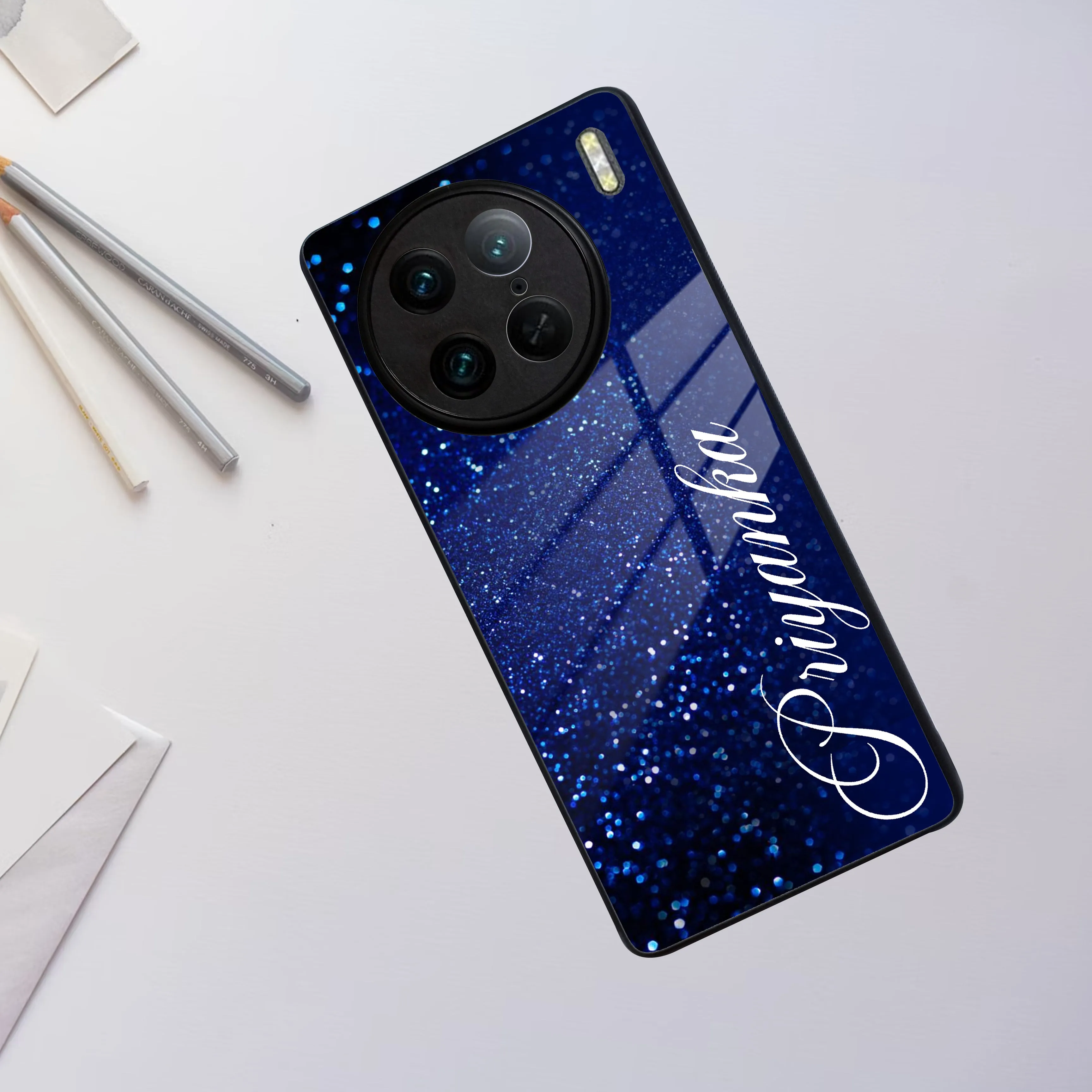Blue Glitter Customize Glass Case Cover For Vivo