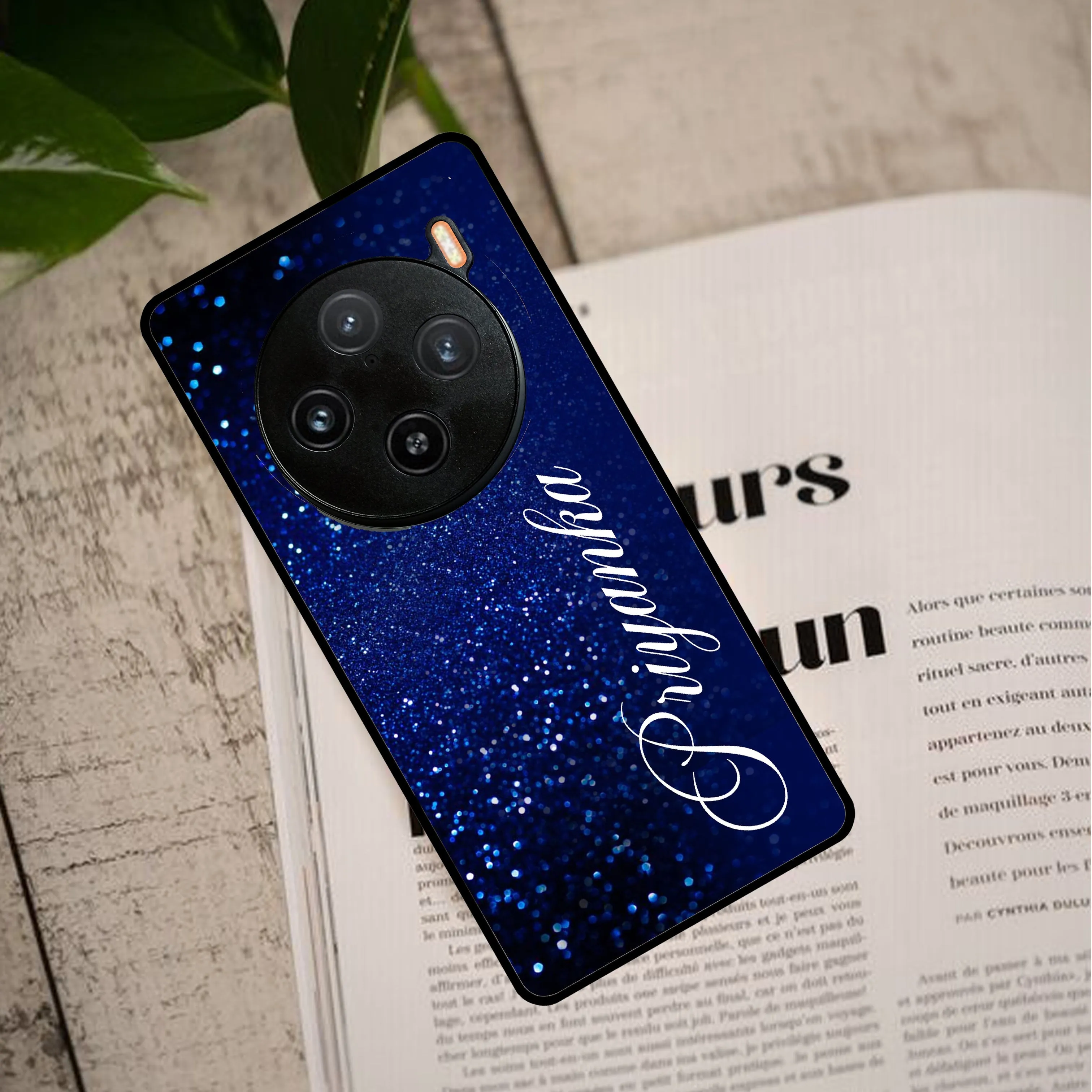 Blue Glitter Customize Glass Case Cover For Vivo