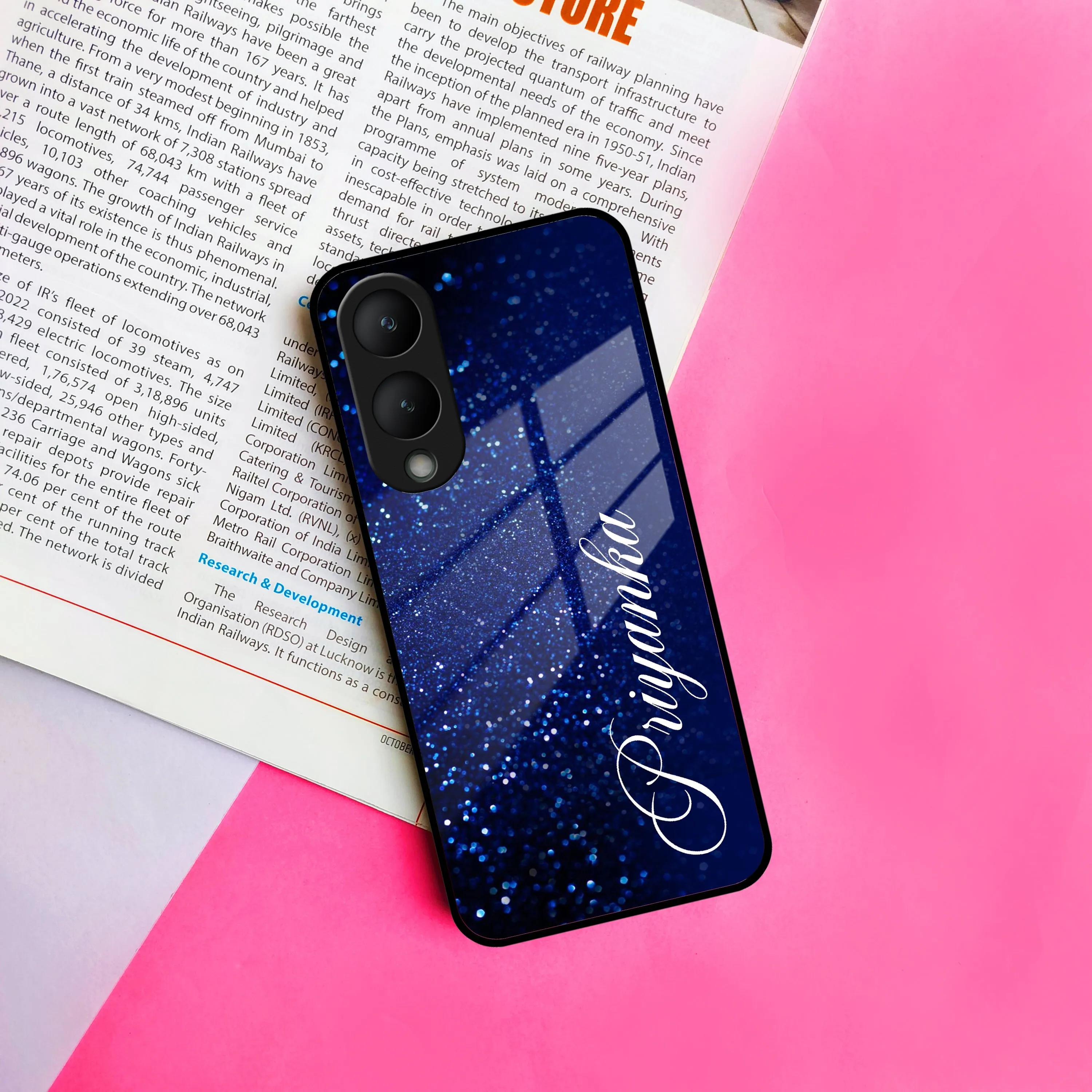 Blue Glitter Customize Glass Case Cover For Vivo