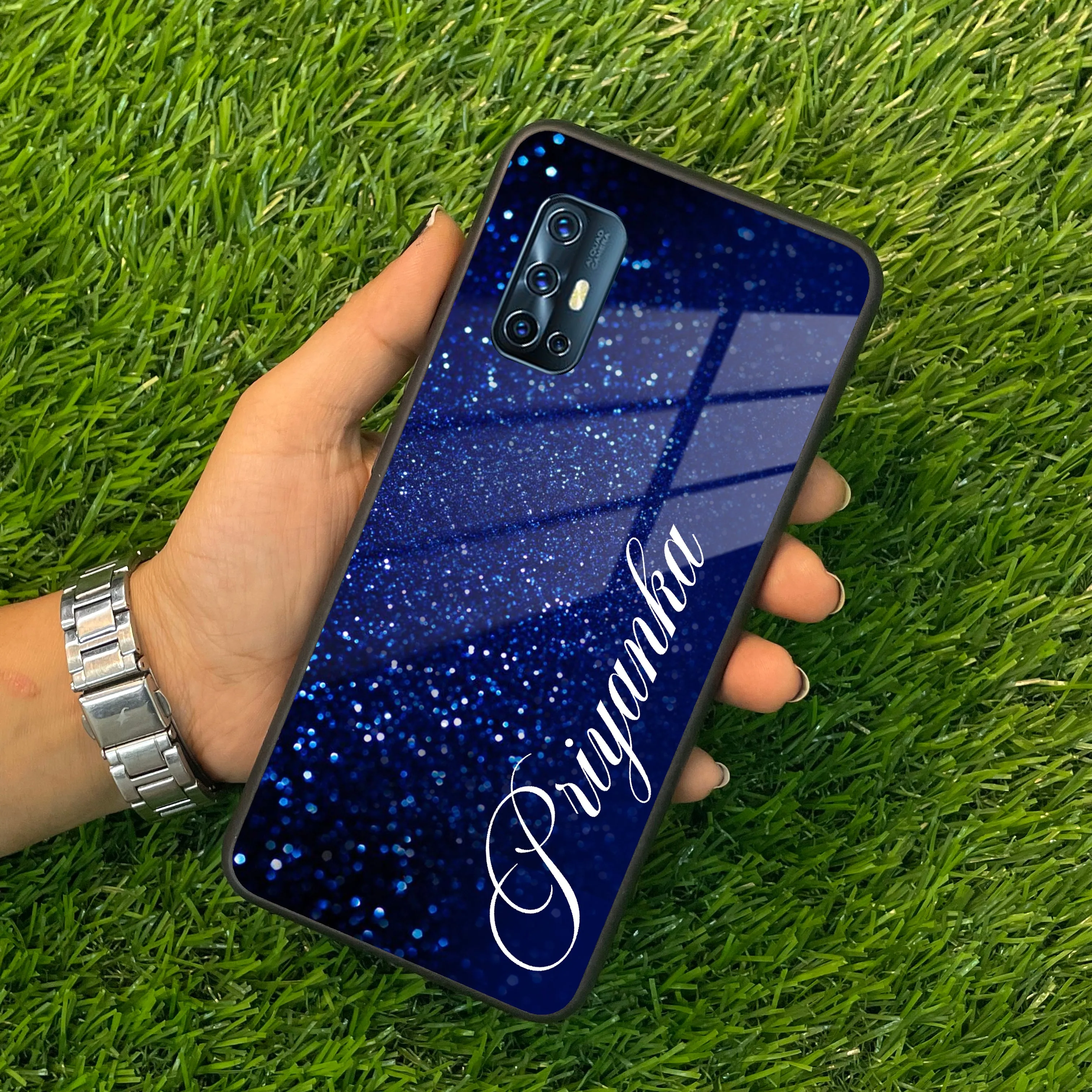 Blue Glitter Customize Glass Case Cover For Vivo
