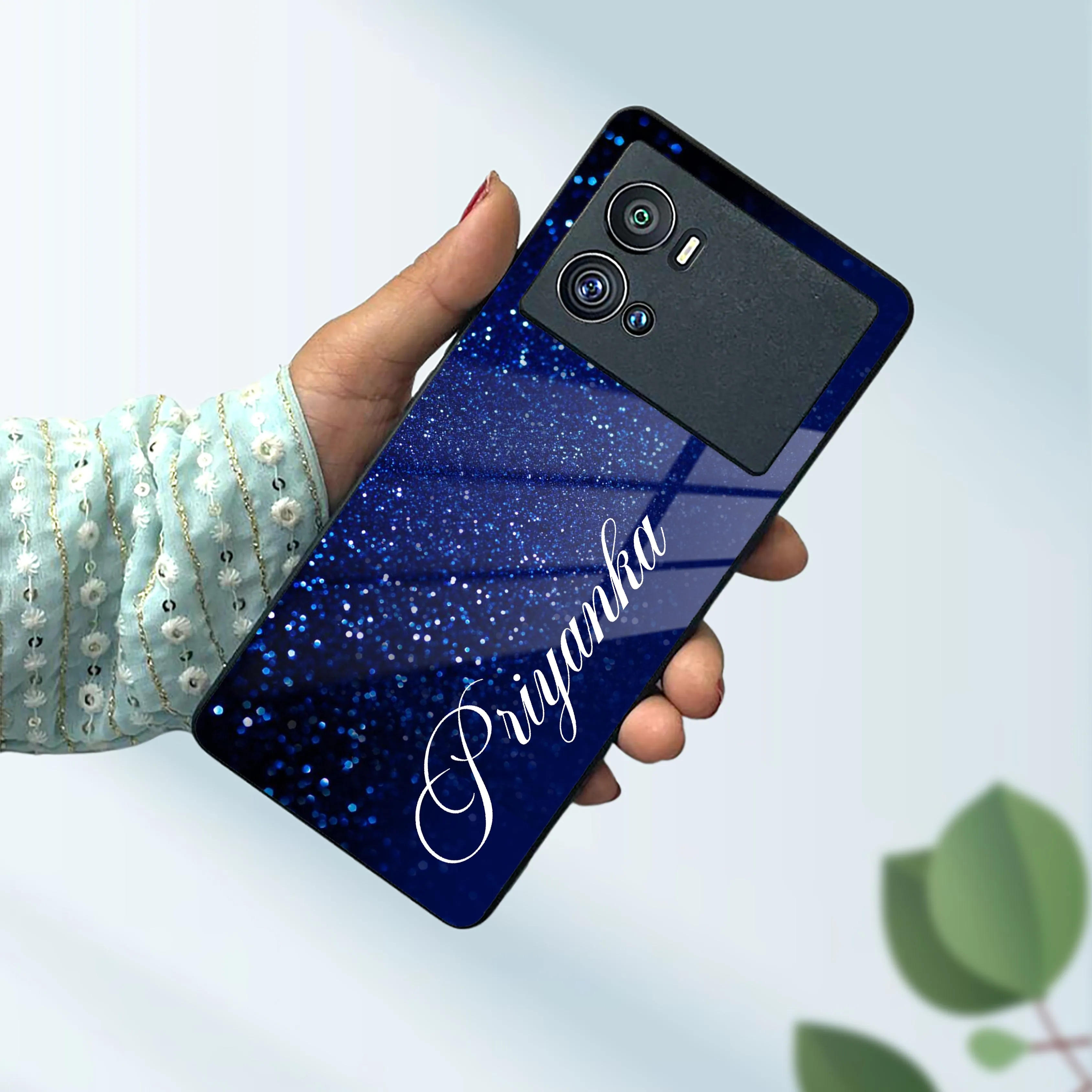 Blue Glitter Customize Glass Case Cover For Vivo