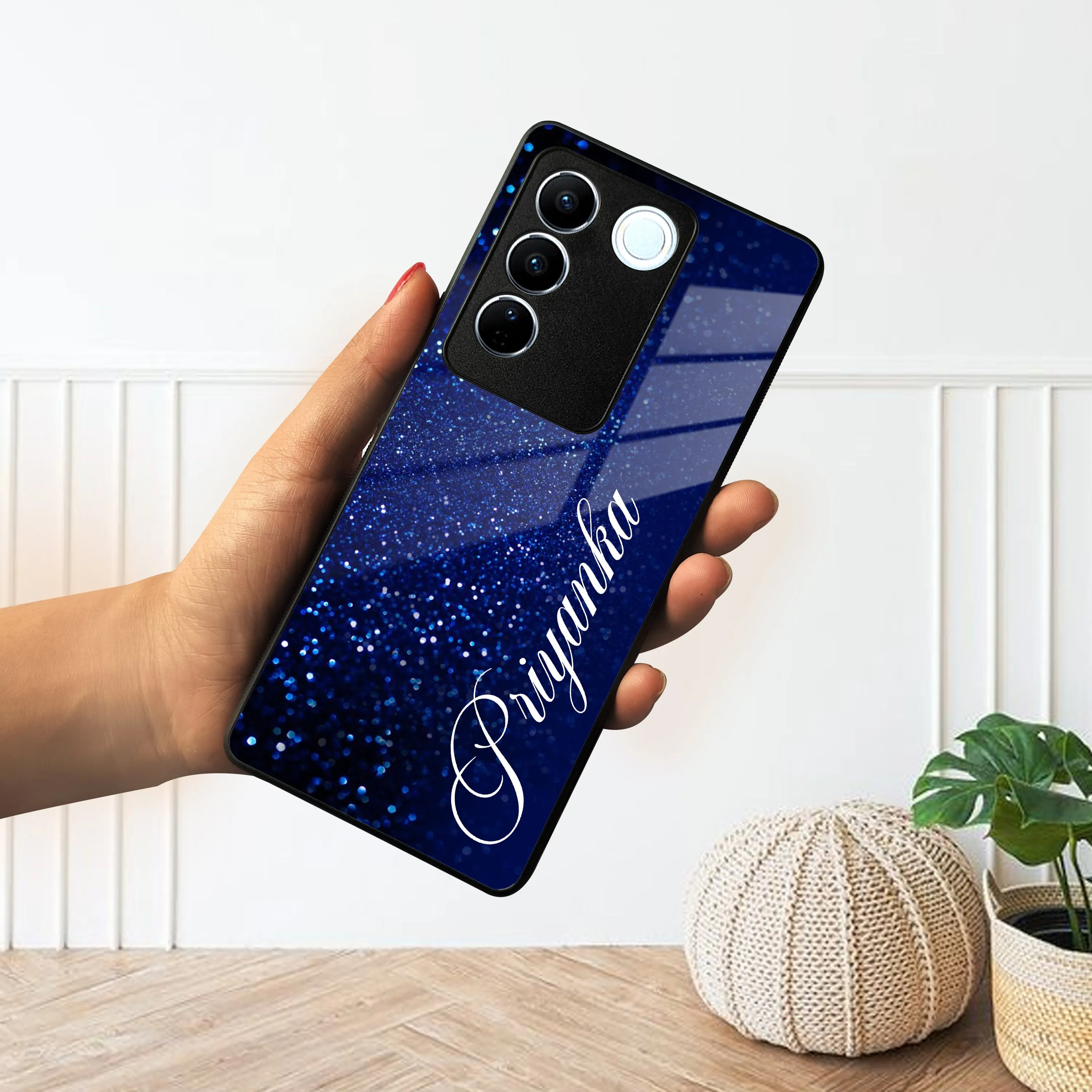 Blue Glitter Customize Glass Case Cover For Vivo