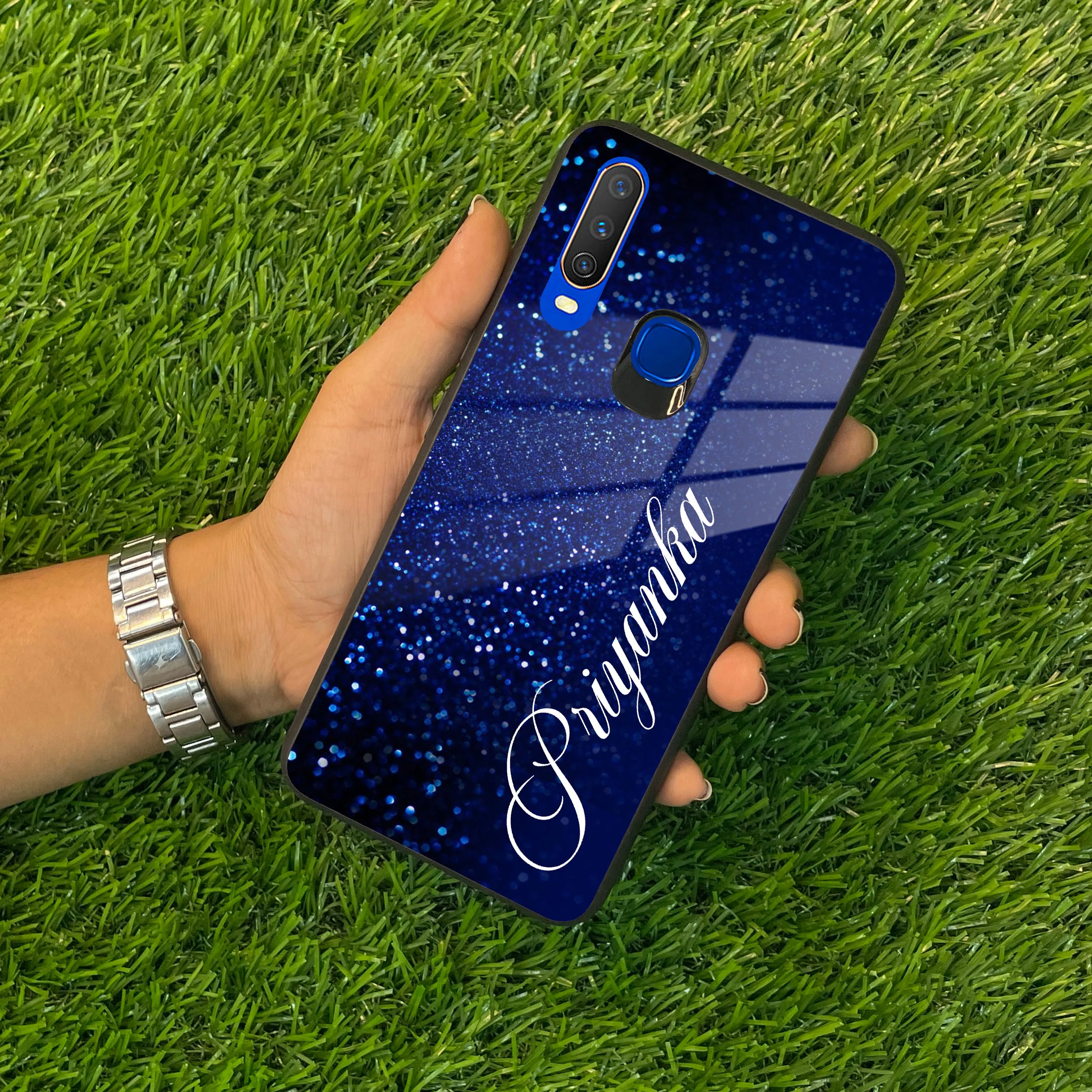 Blue Glitter Customize Glass Case Cover For Vivo