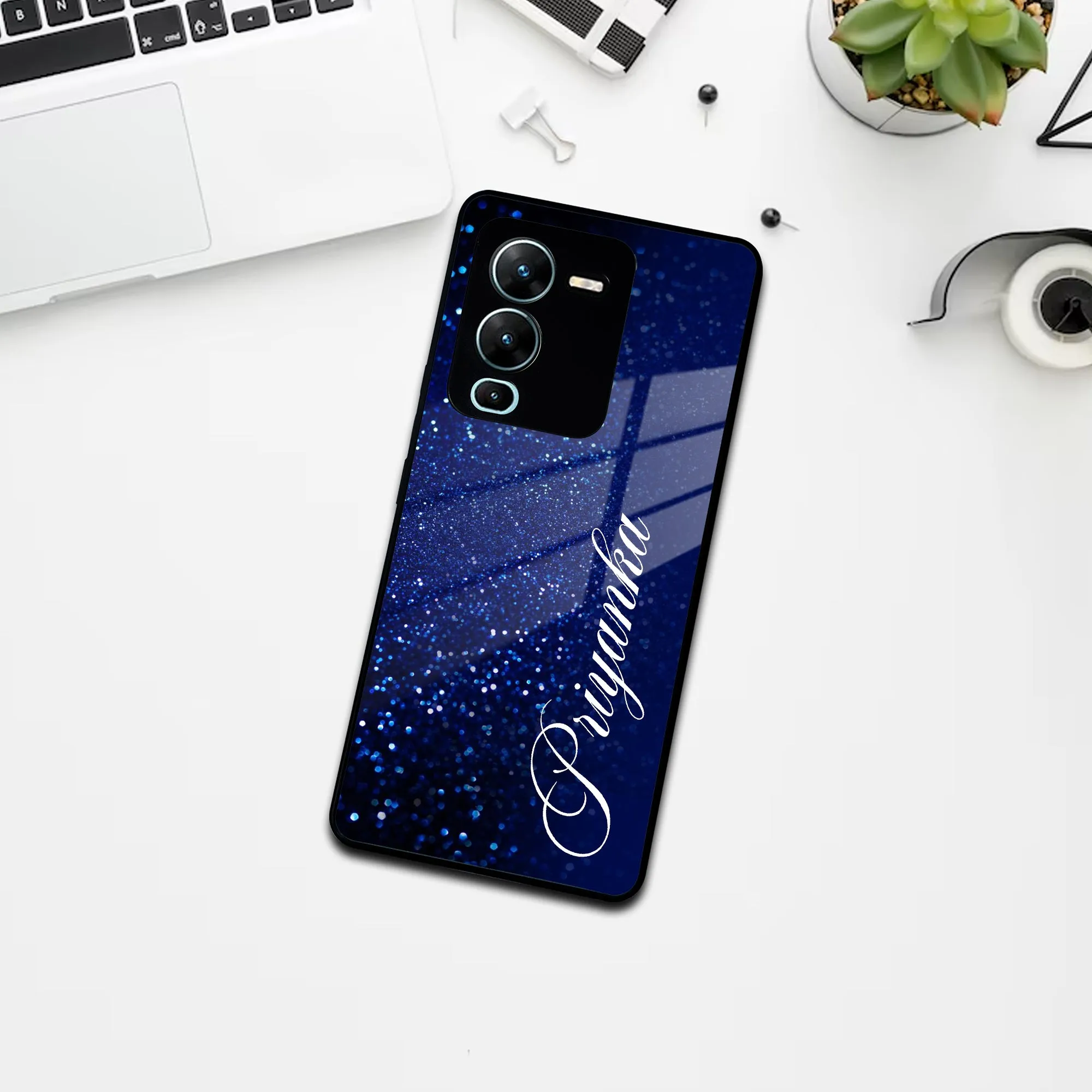 Blue Glitter Customize Glass Case Cover For Vivo