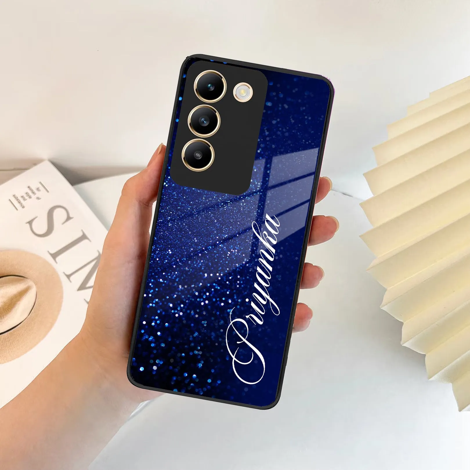 Blue Glitter Customize Glass Case Cover For Vivo