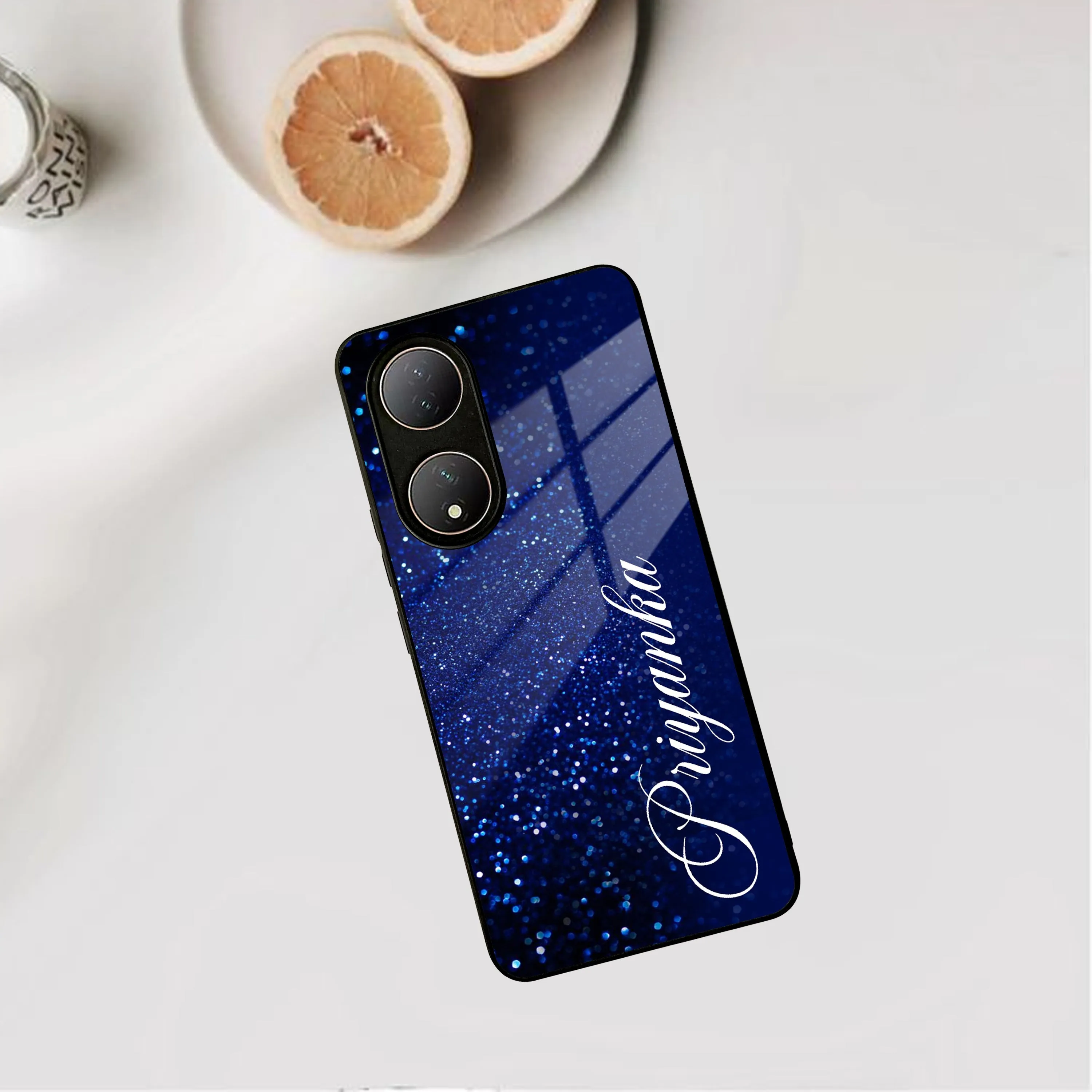 Blue Glitter Customize Glass Case Cover For Vivo