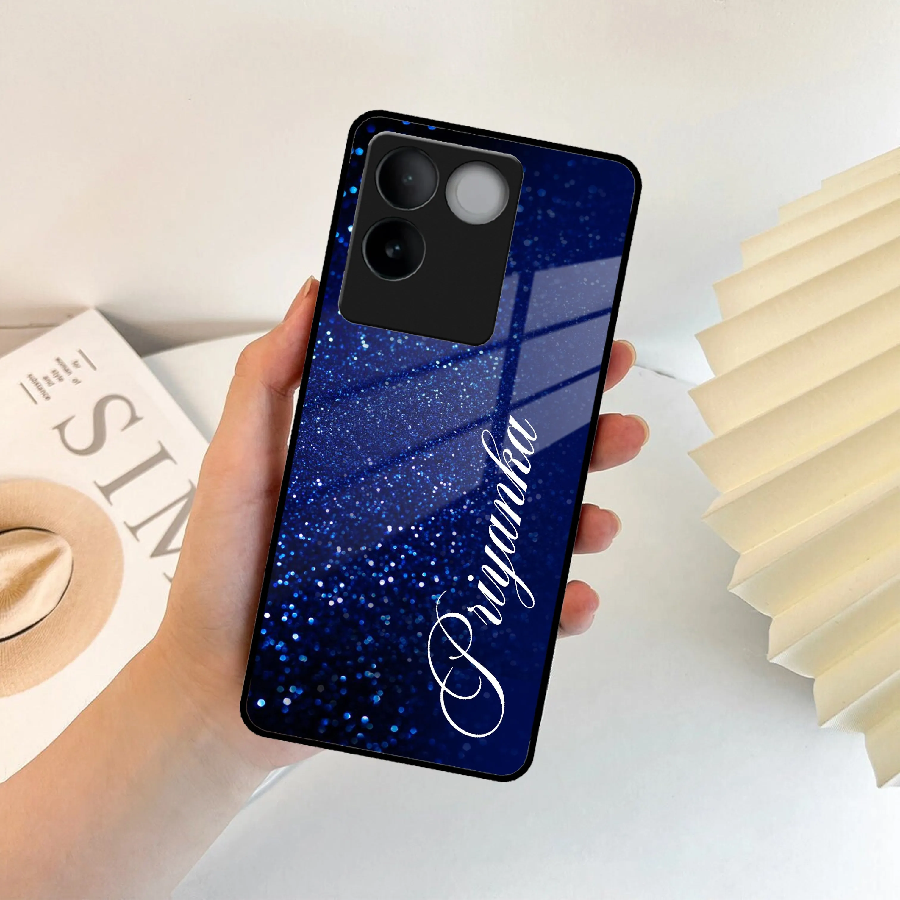 Blue Glitter Customize Glass Case Cover For Vivo