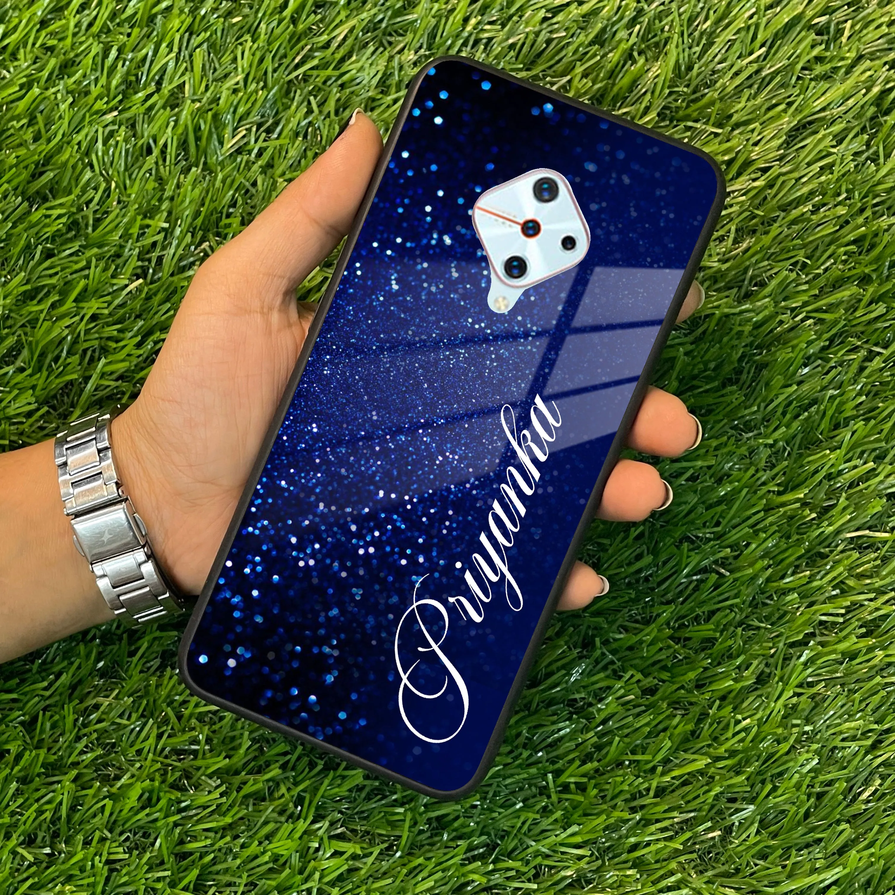 Blue Glitter Customize Glass Case Cover For Vivo