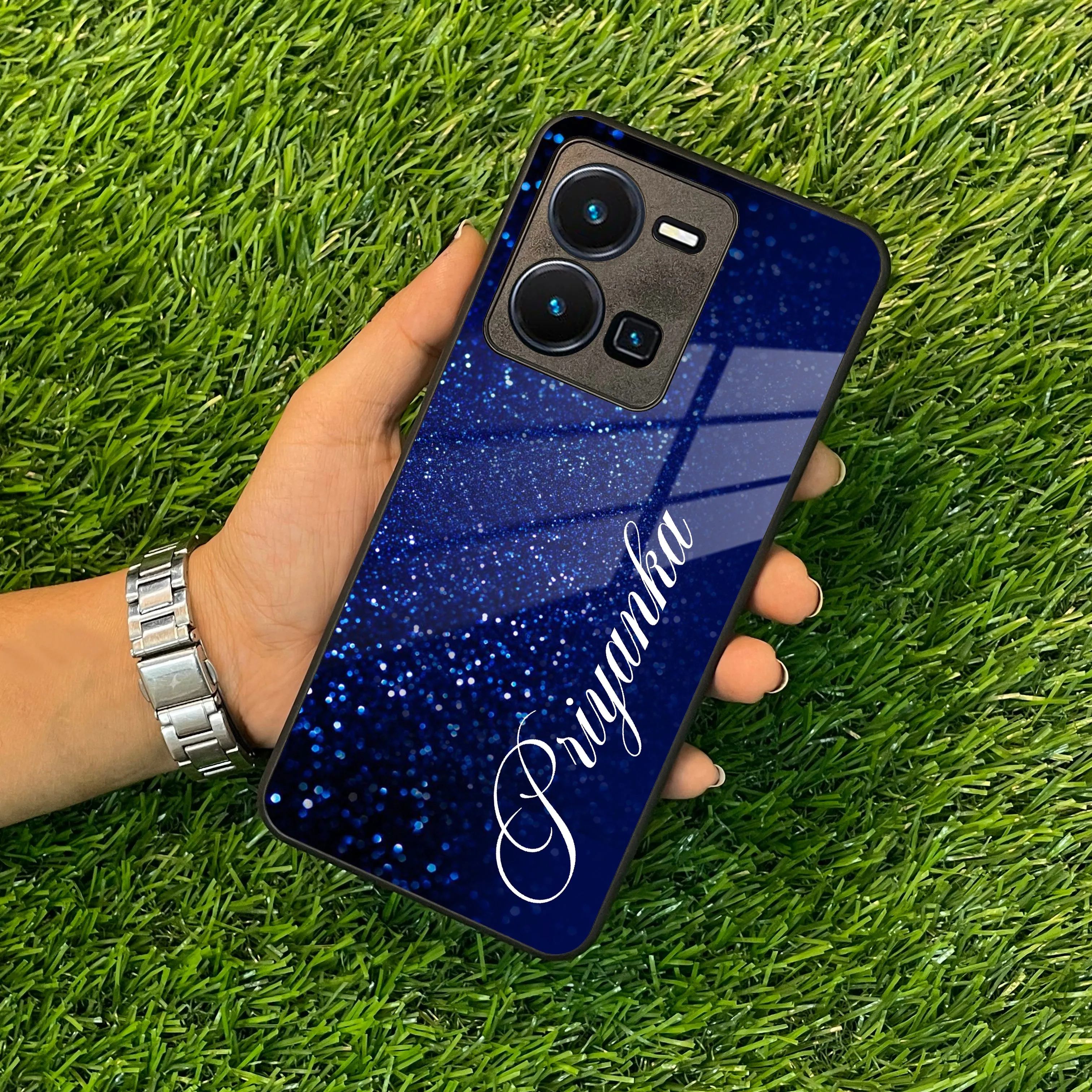 Blue Glitter Customize Glass Case Cover For Vivo