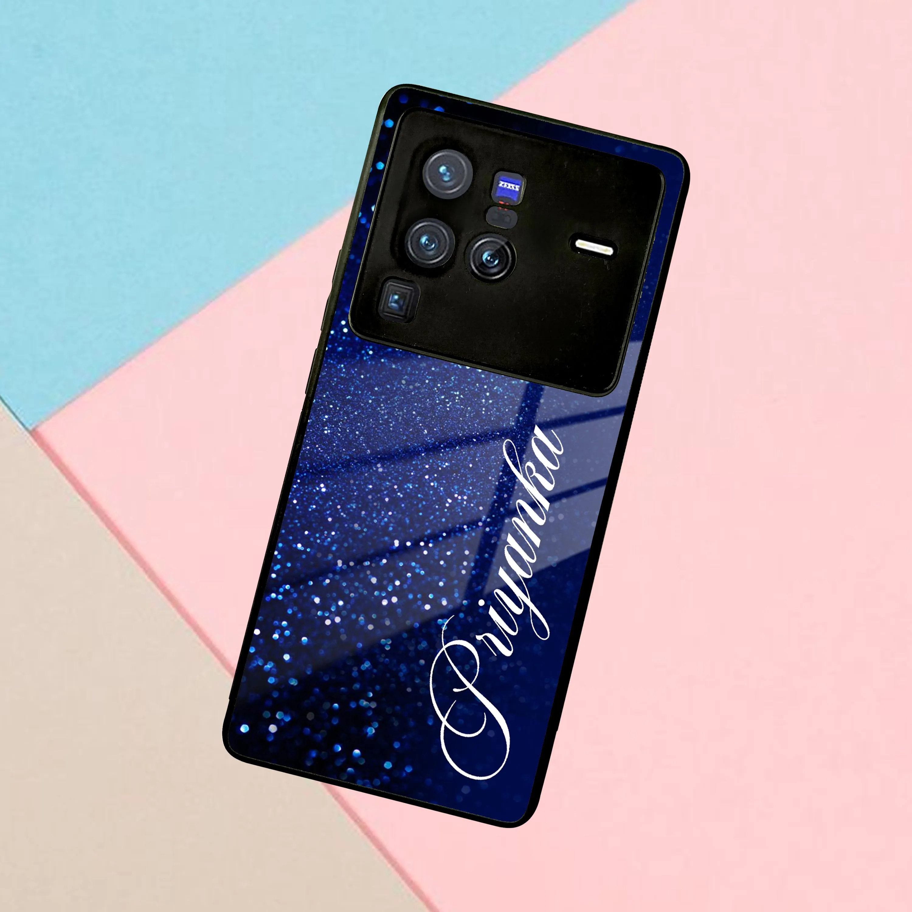Blue Glitter Customize Glass Case Cover For Vivo