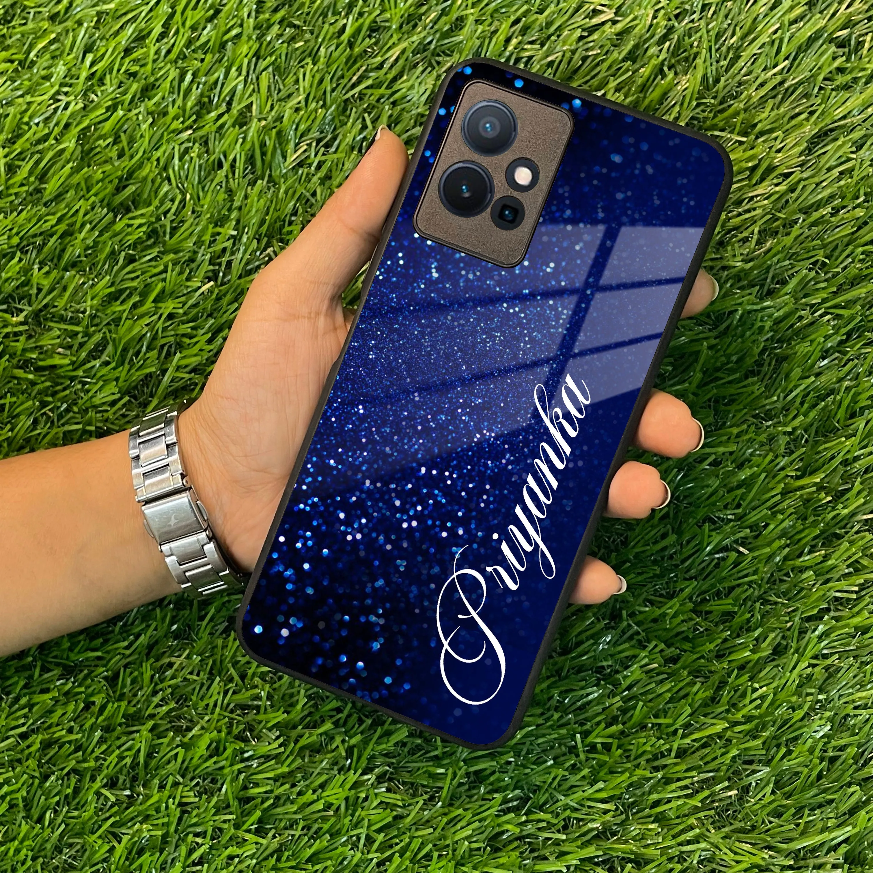 Blue Glitter Customize Glass Case Cover For Vivo
