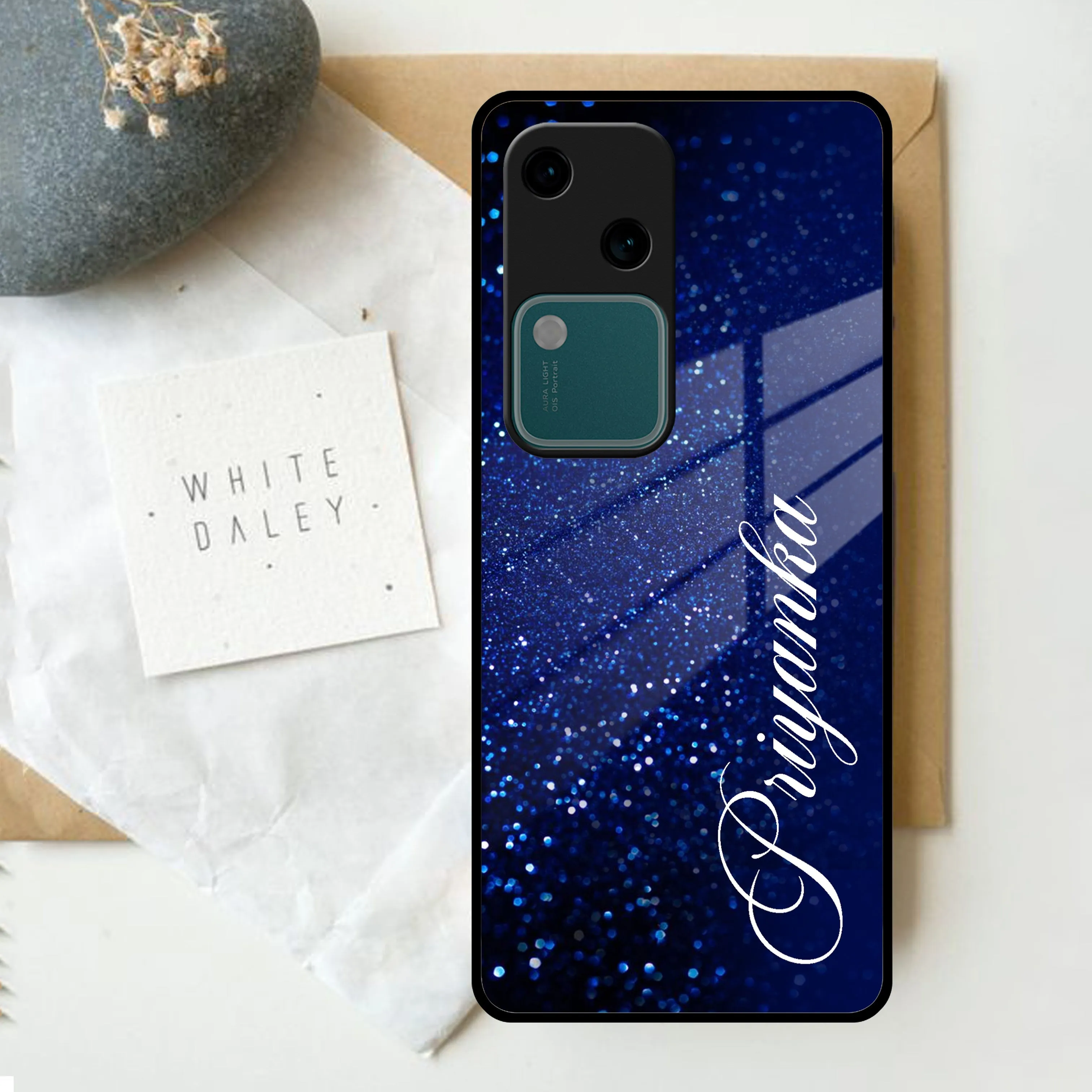 Blue Glitter Customize Glass Case Cover For Vivo