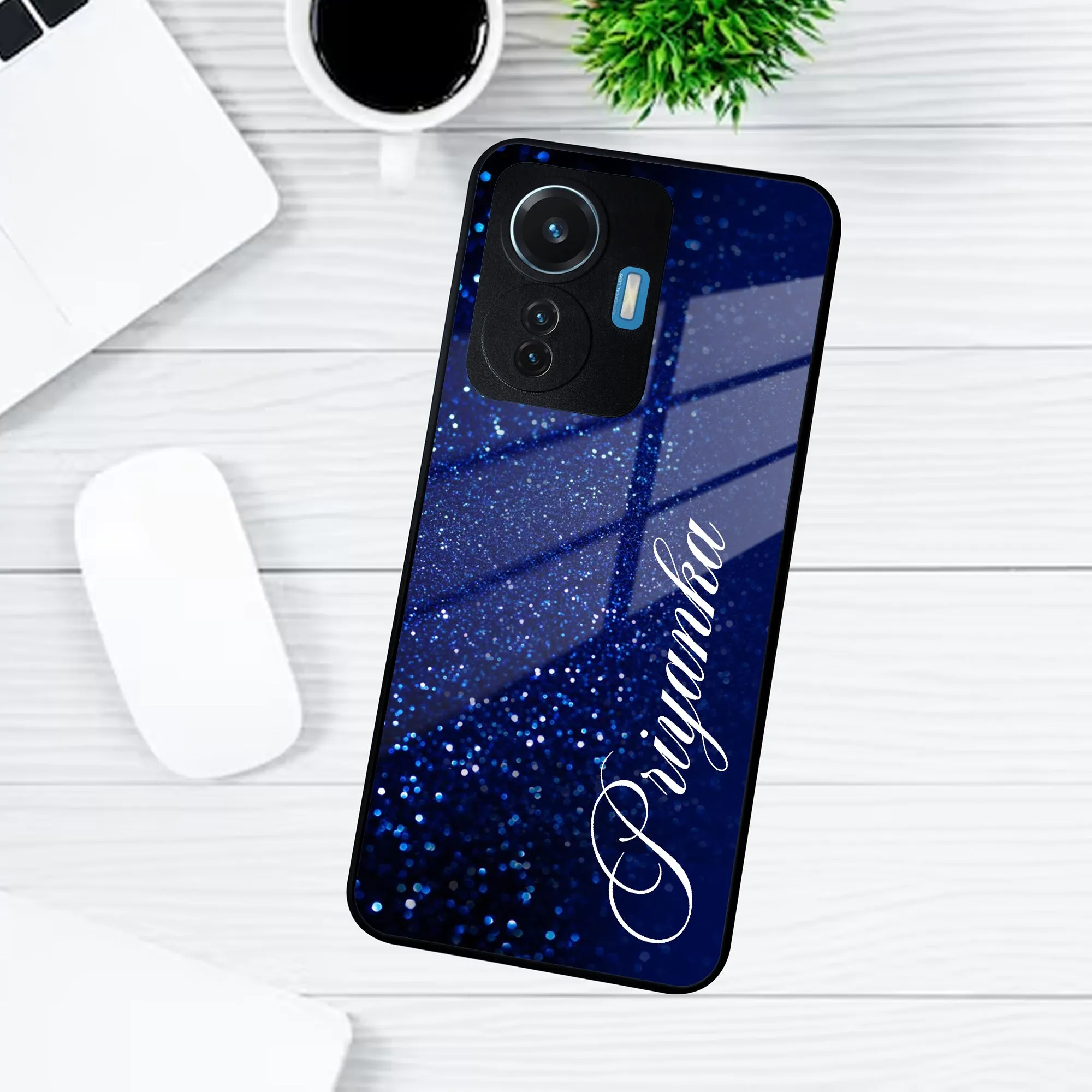 Blue Glitter Customize Glass Case Cover For Vivo