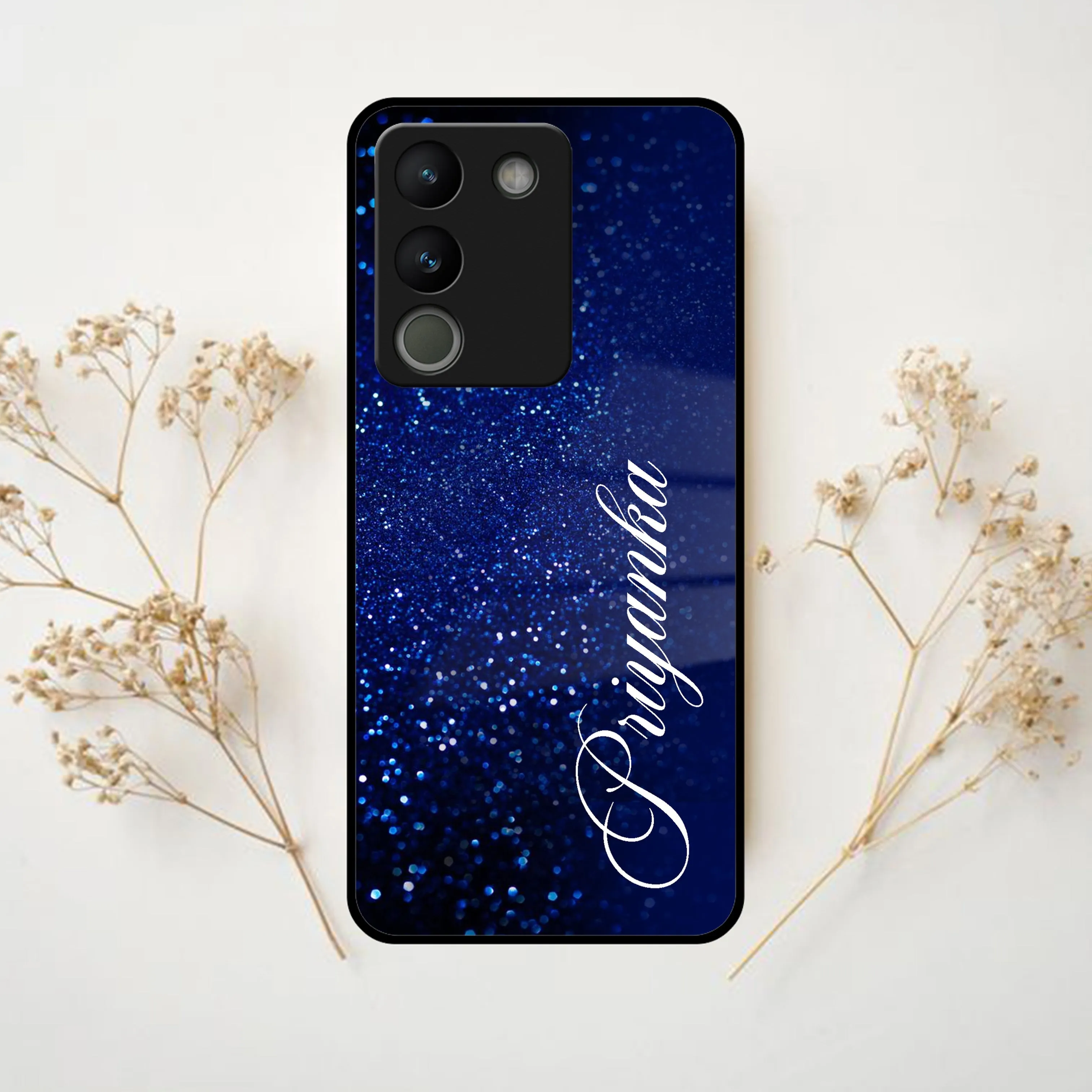Blue Glitter Customize Glass Case Cover For Vivo