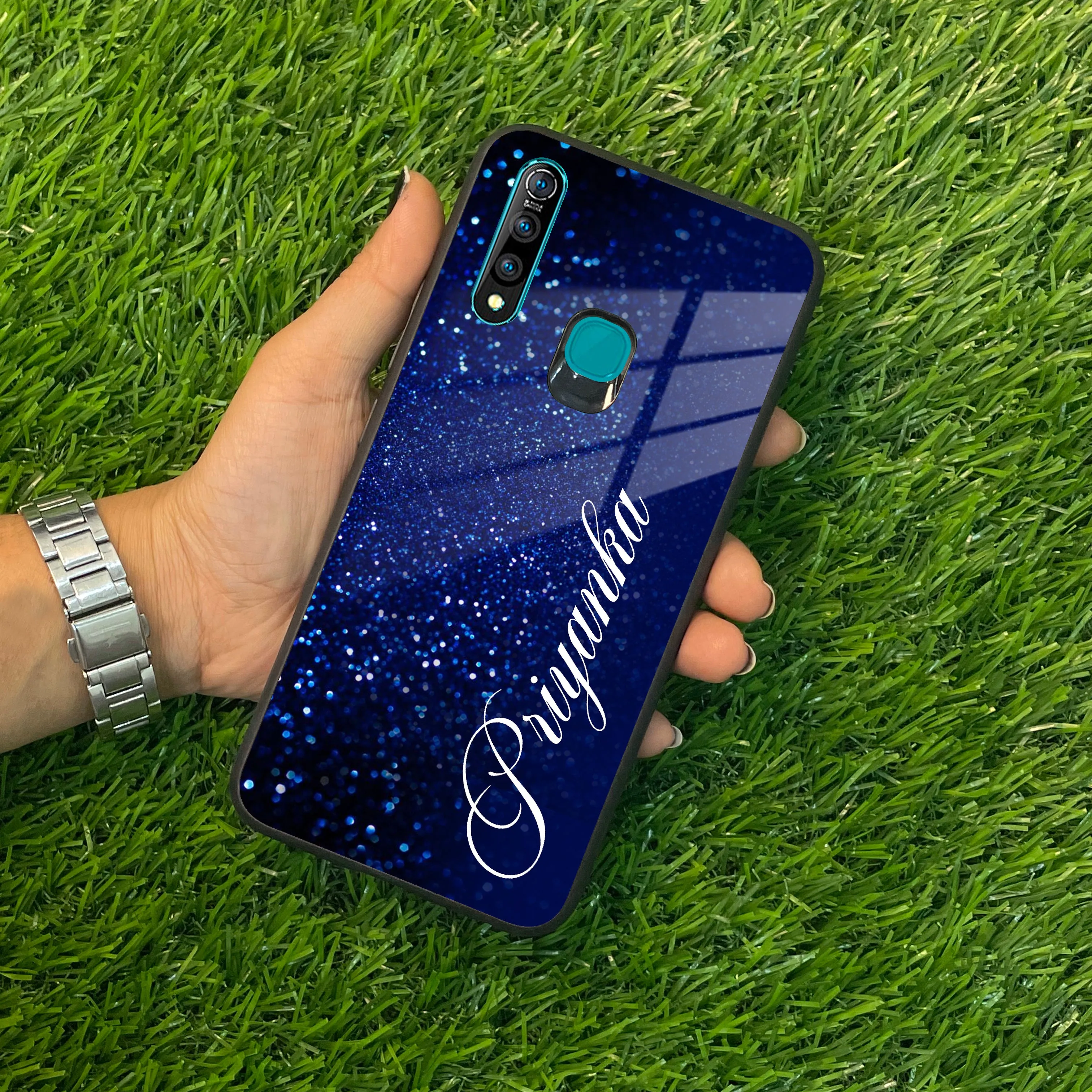 Blue Glitter Customize Glass Case Cover For Vivo