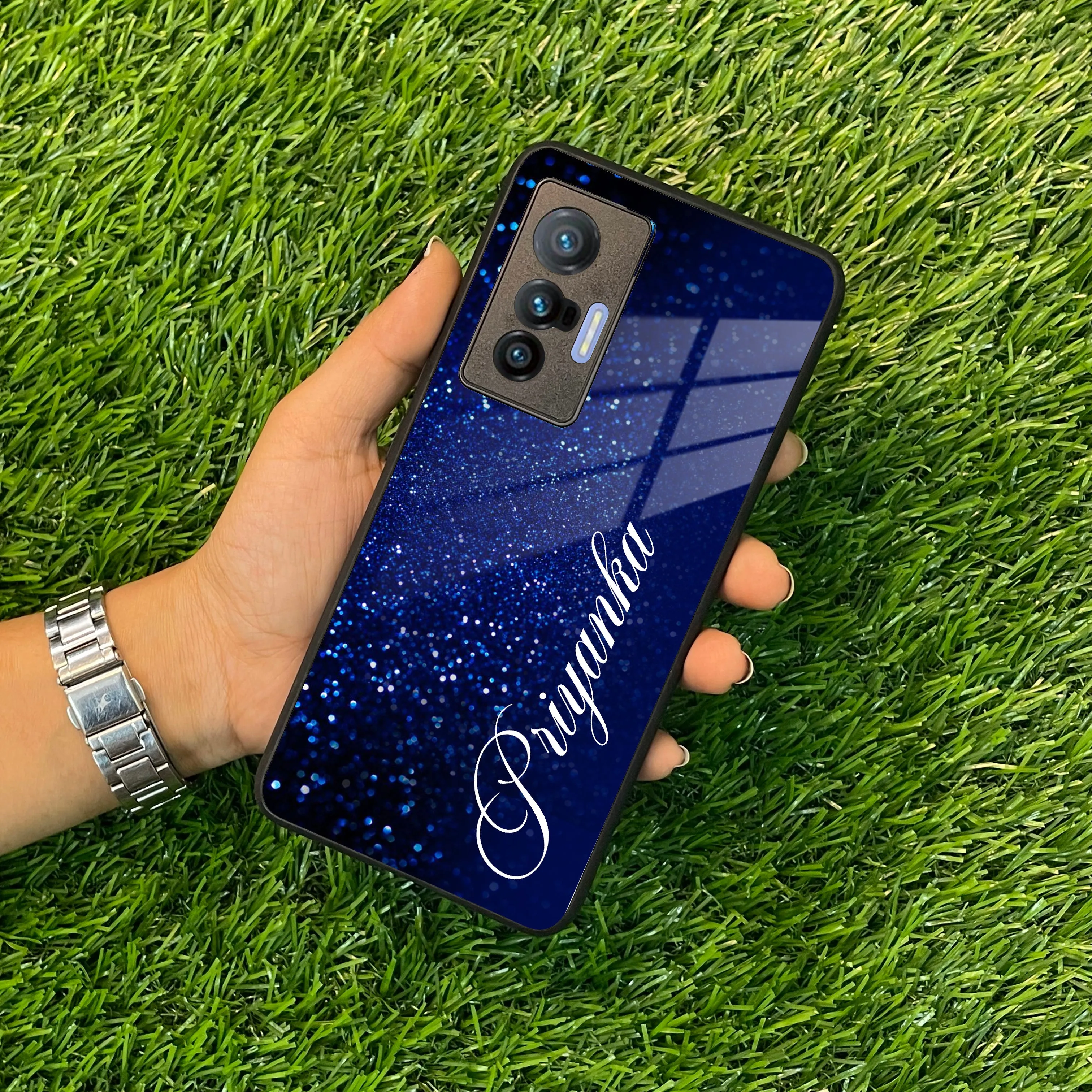Blue Glitter Customize Glass Case Cover For Vivo
