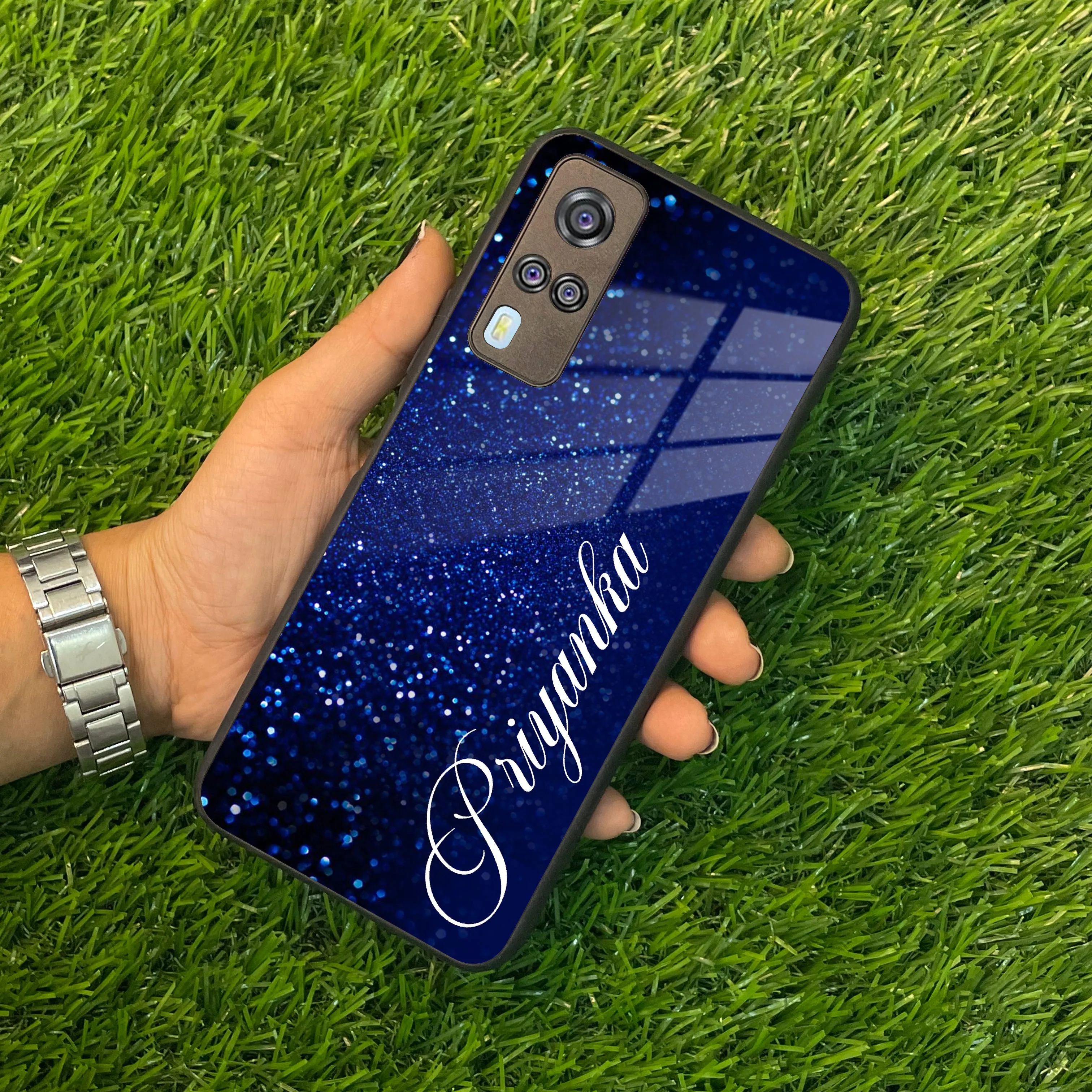 Blue Glitter Customize Glass Case Cover For Vivo