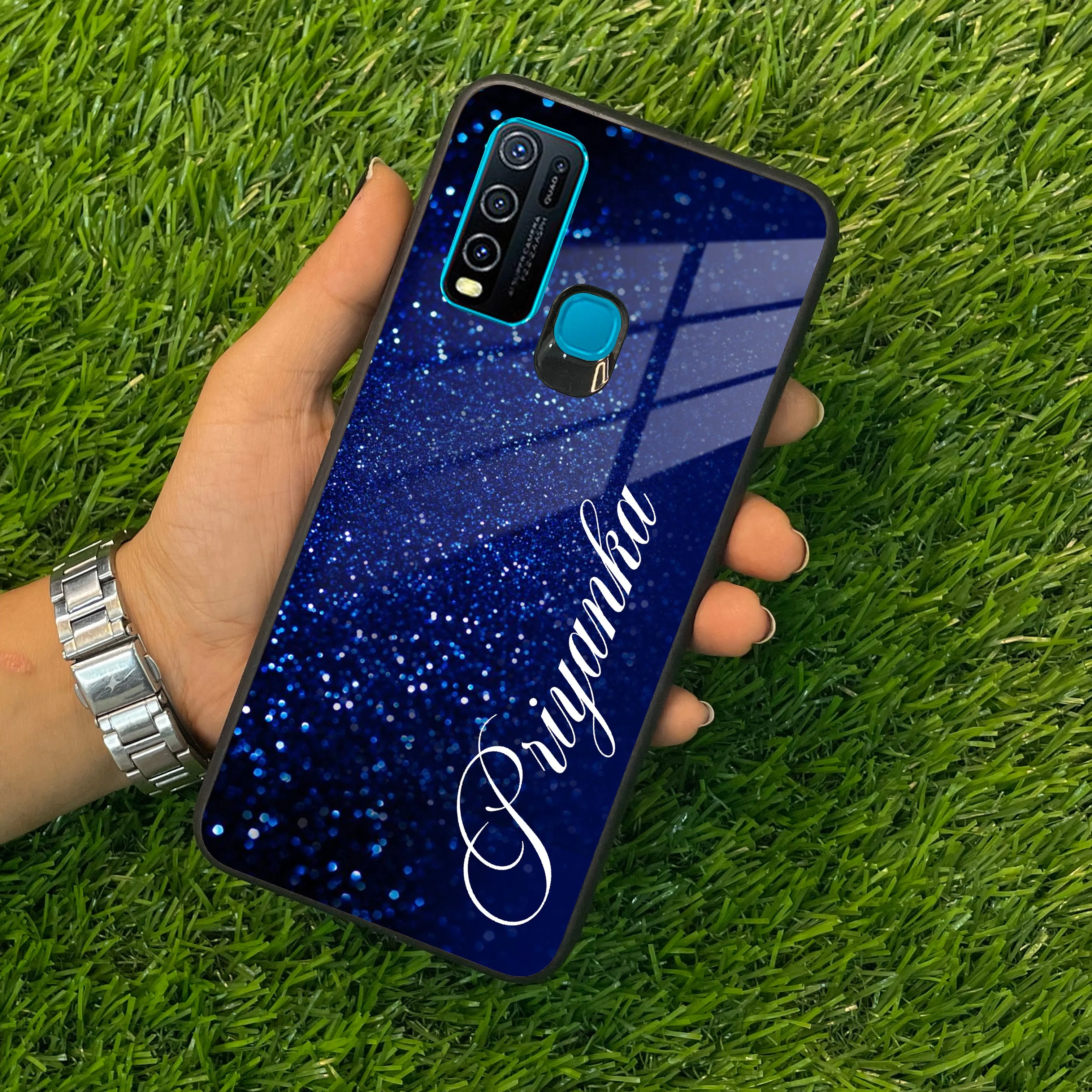 Blue Glitter Customize Glass Case Cover For Vivo