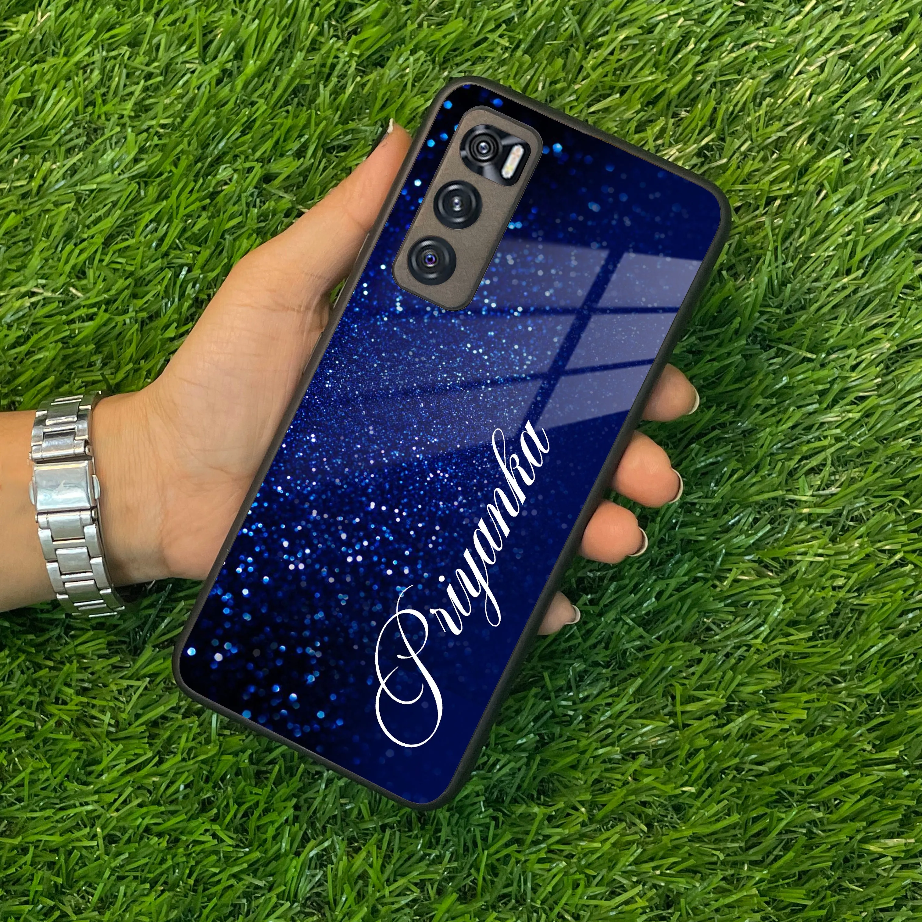 Blue Glitter Customize Glass Case Cover For Vivo