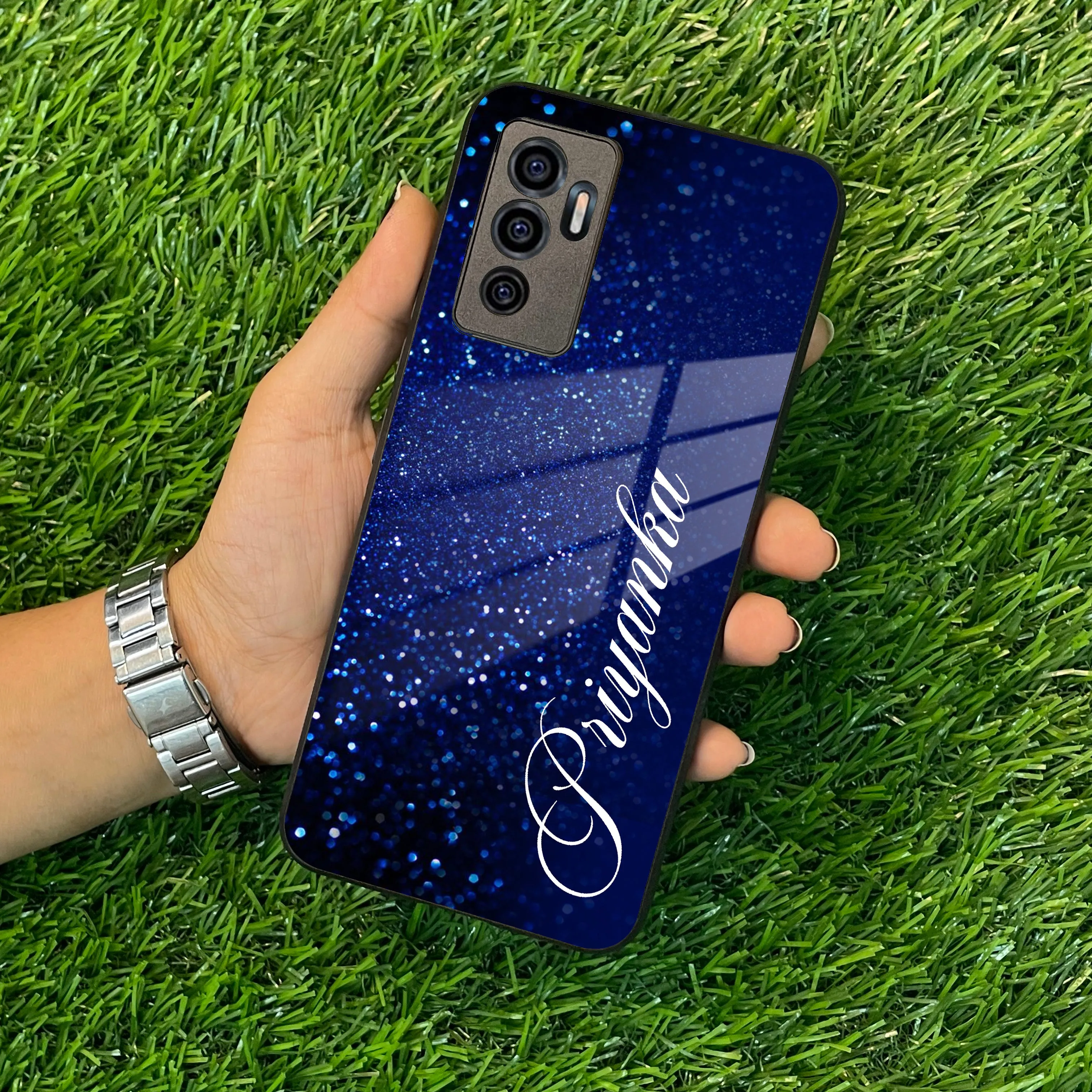 Blue Glitter Customize Glass Case Cover For Vivo