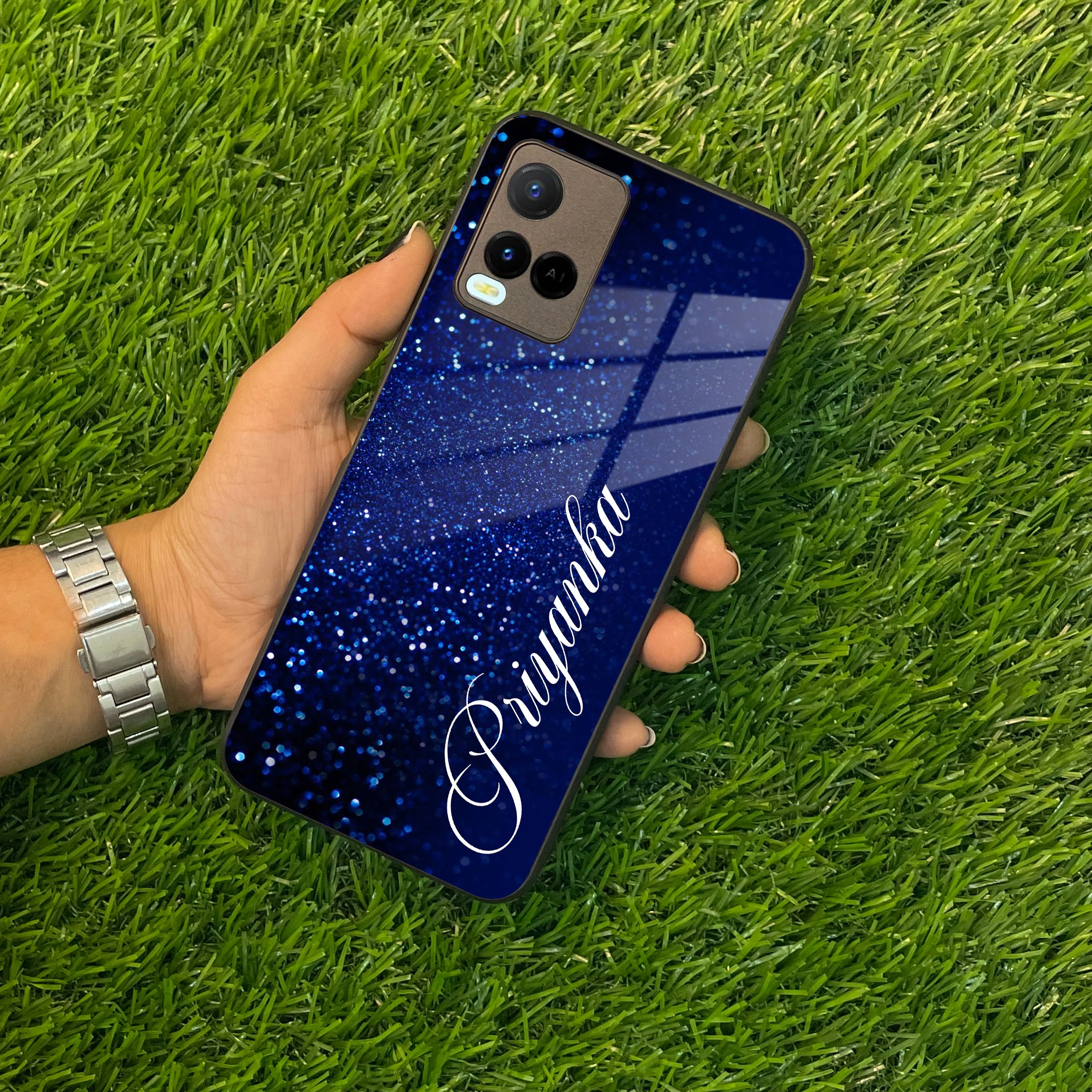 Blue Glitter Customize Glass Case Cover For Vivo