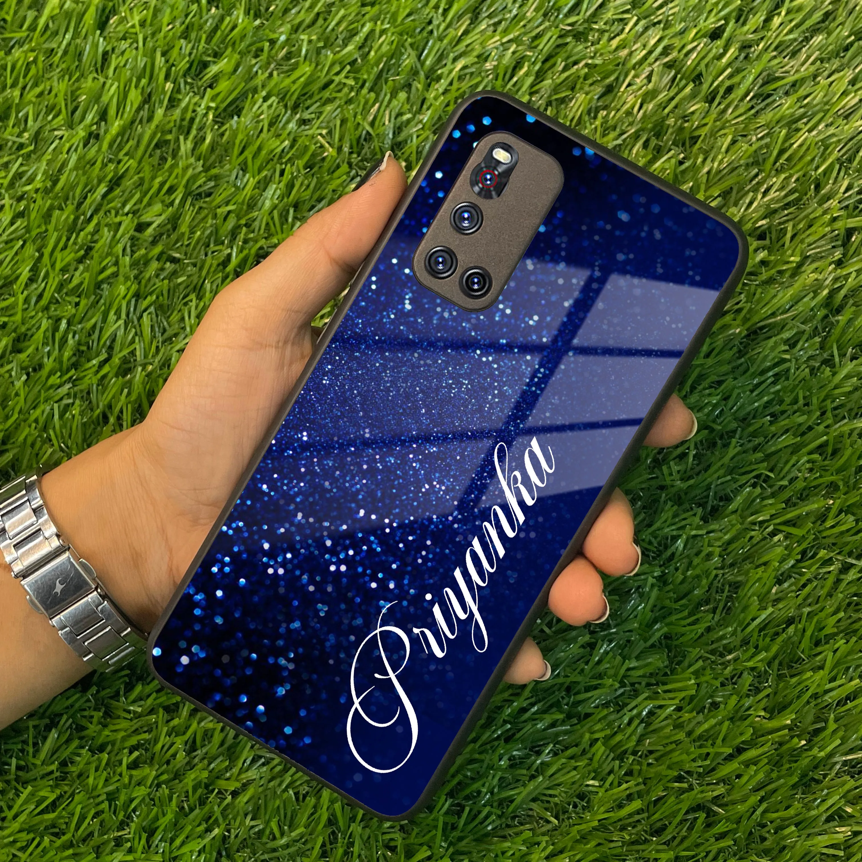 Blue Glitter Customize Glass Case Cover For Vivo