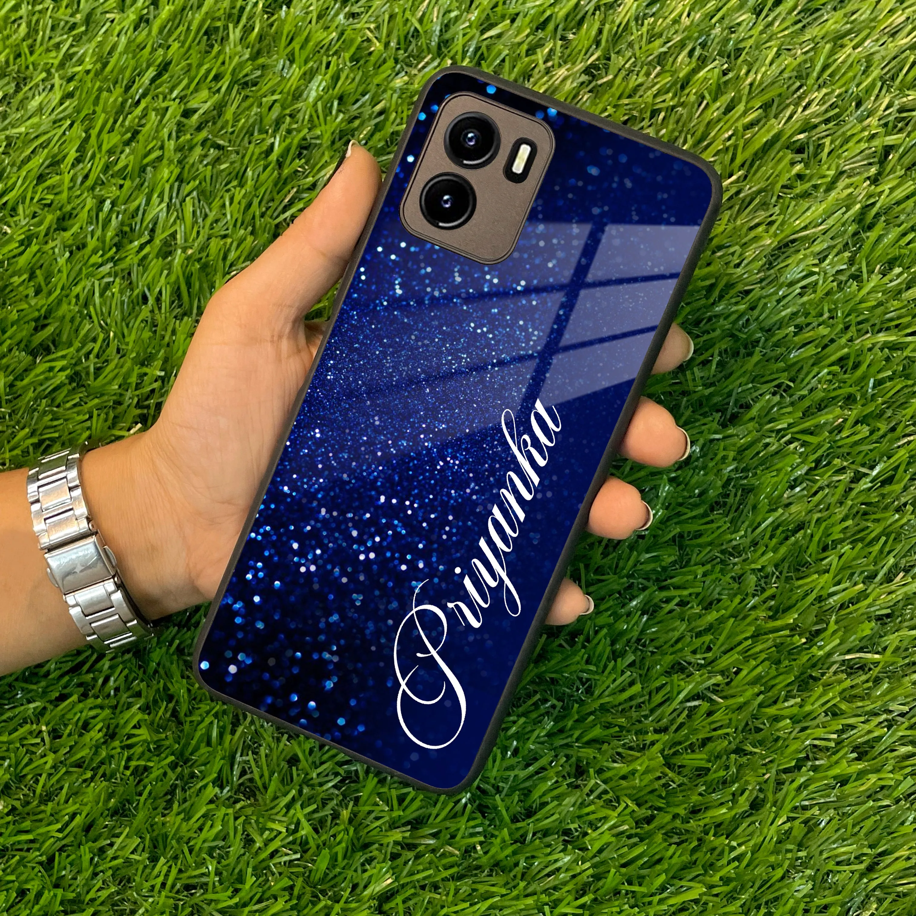 Blue Glitter Customize Glass Case Cover For Vivo
