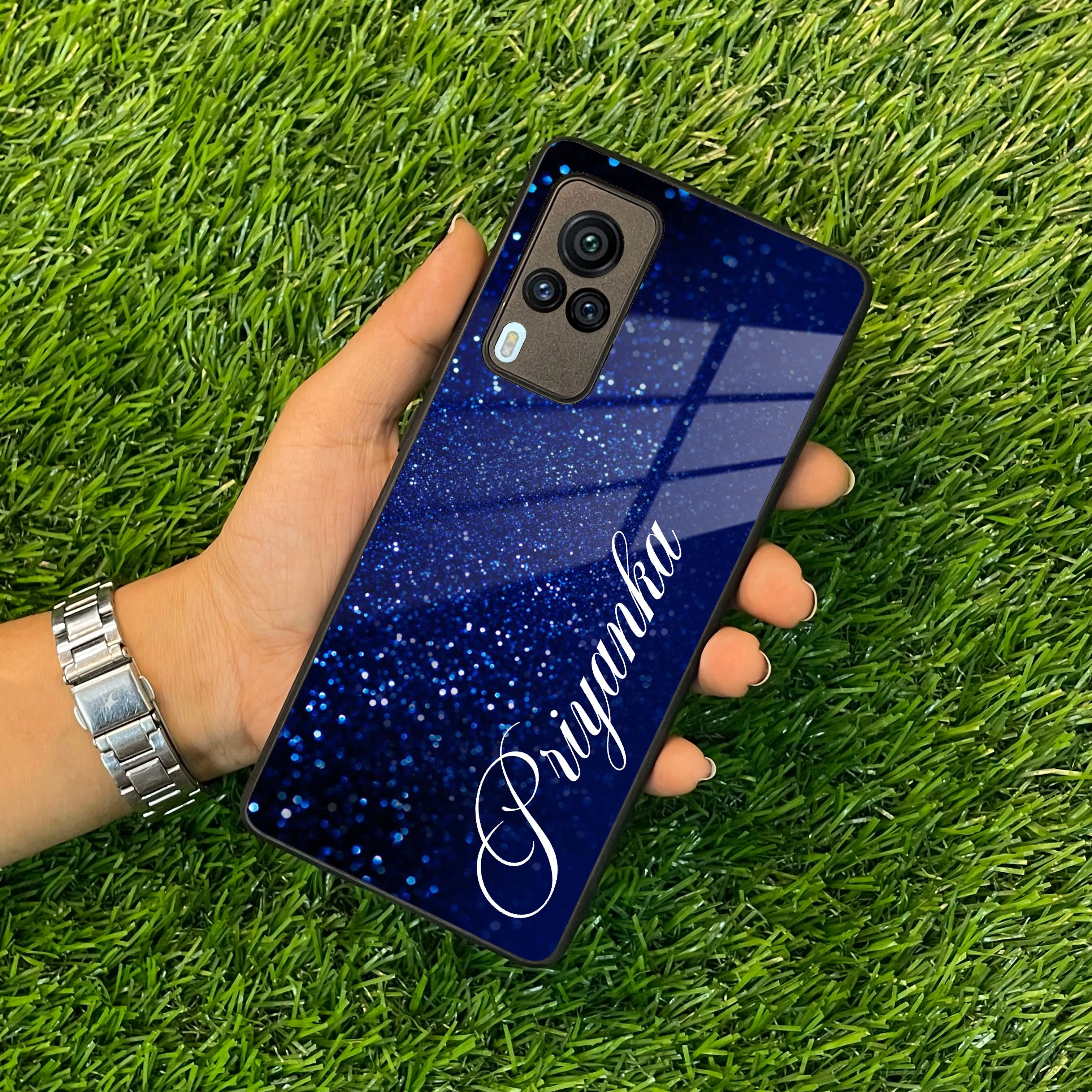 Blue Glitter Customize Glass Case Cover For Vivo