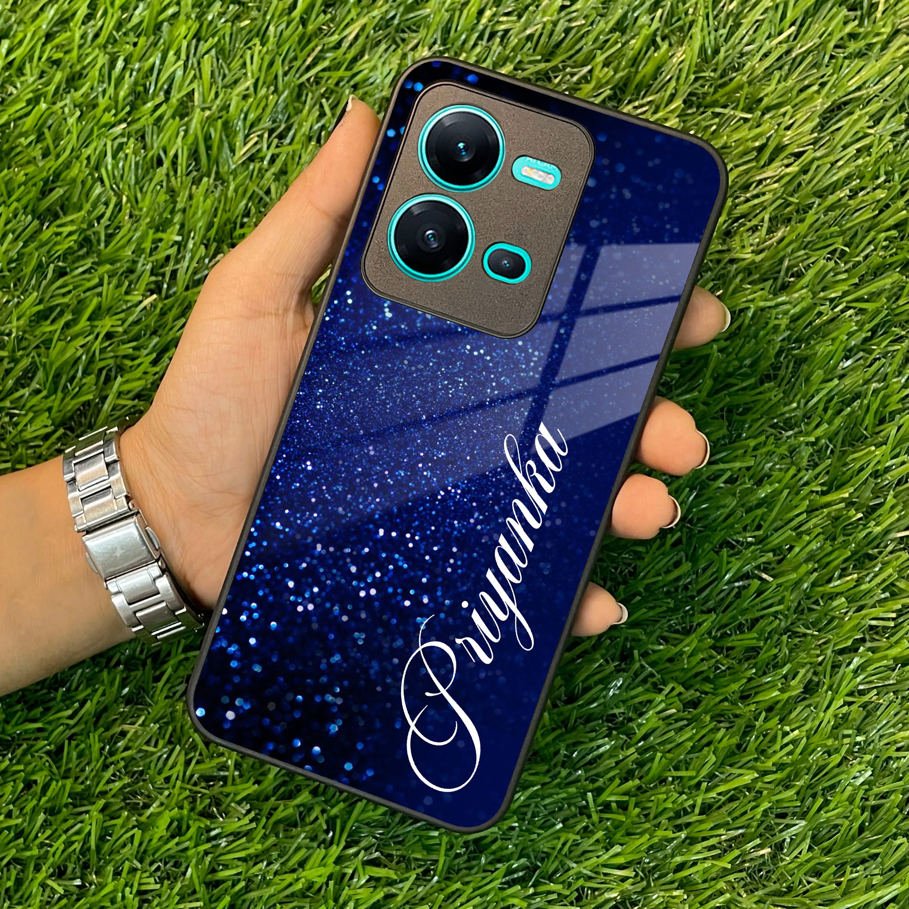 Blue Glitter Customize Glass Case Cover For Vivo