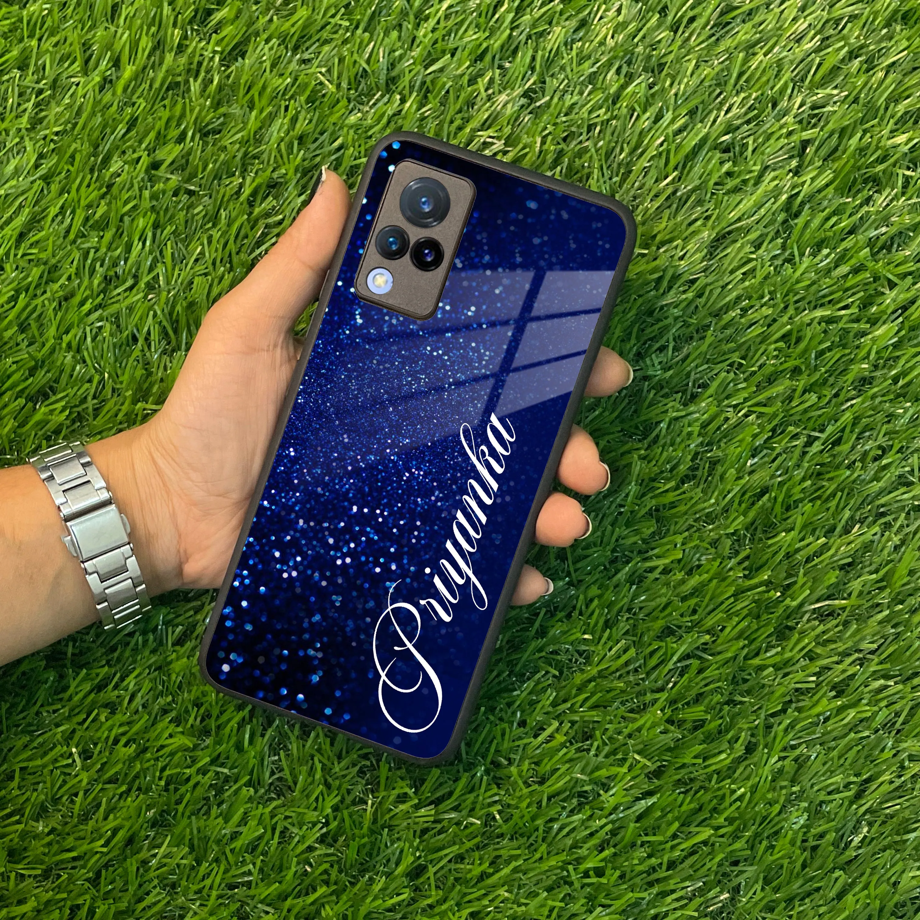 Blue Glitter Customize Glass Case Cover For Vivo